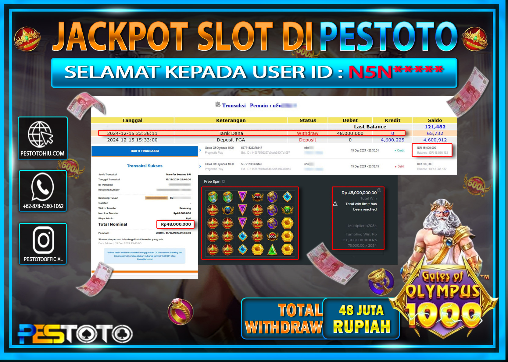 HANYA DI PESTOTO JP PASTI DI BAYAR LUNAS DAN CEPAT!!!!!! JP SLOT { GATES OF OLYMPUS 1000 } Rp. 48.000.000!!!!!