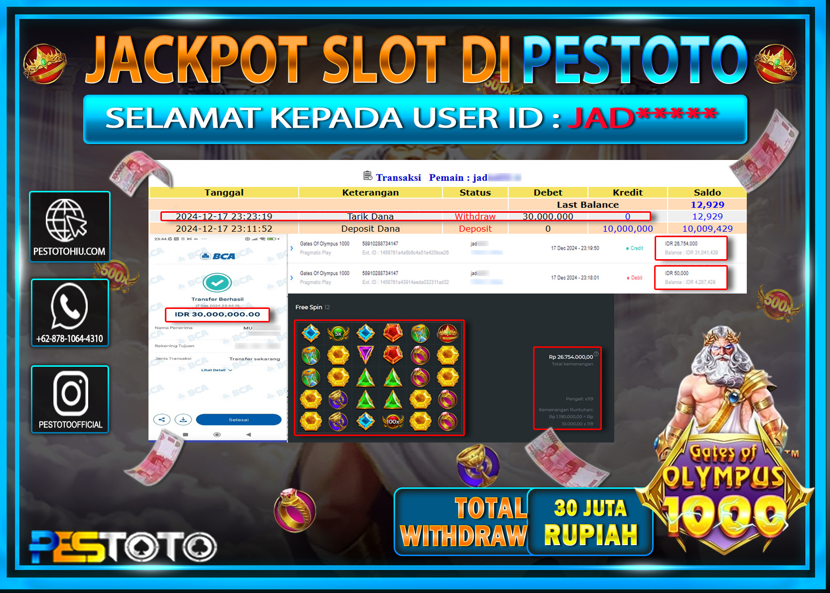 HANYA DI PESTOTO JP PASTI DI BAYAR LUNAS DAN CEPAT!!!!!! JP SLOT { GATES OF OLYMPUS 1000 } Rp. 30.000.000!!!!!