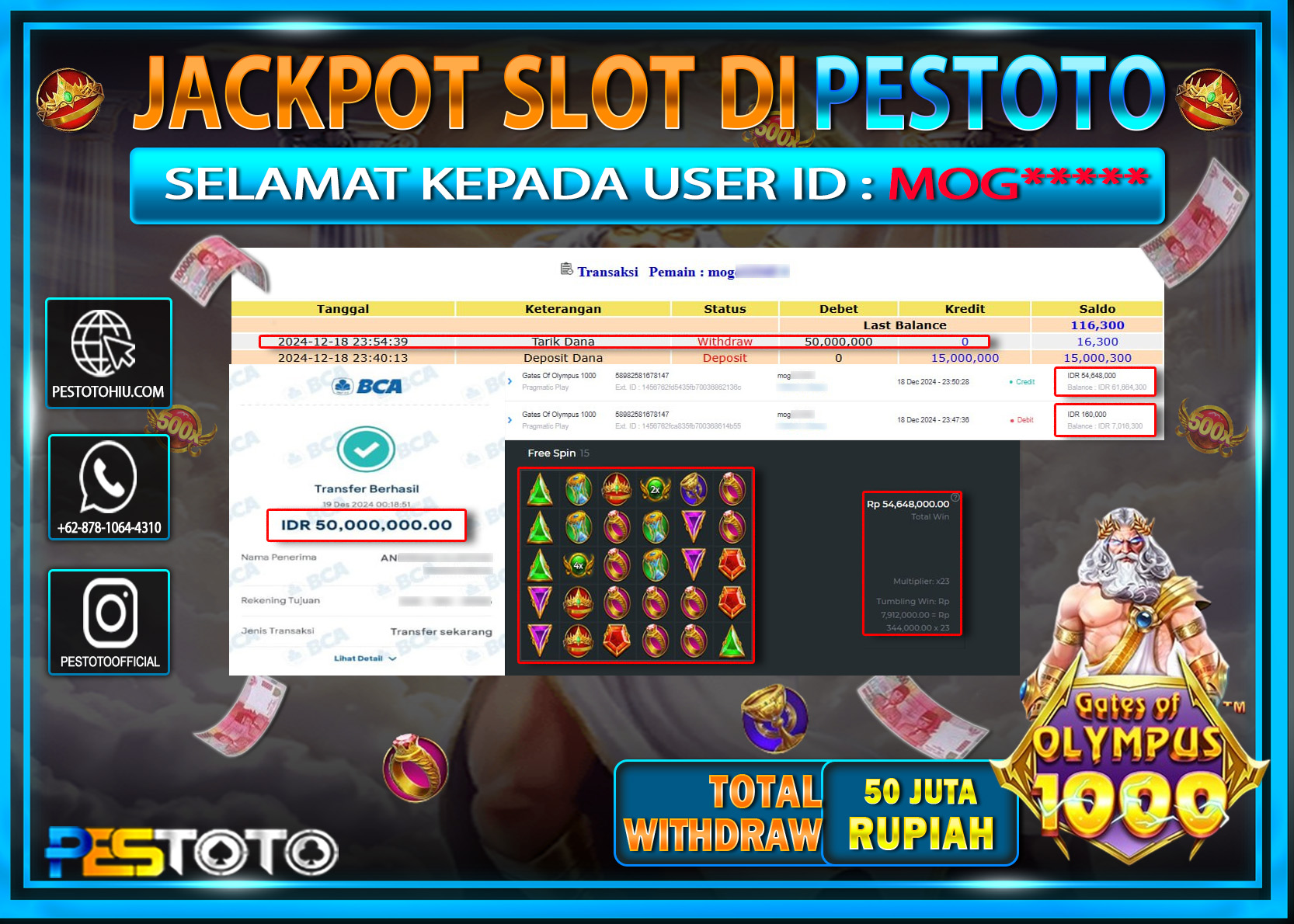 HANYA DI PESTOTO JP PASTI DI BAYAR LUNAS DAN CEPAT!!!!!! JP SLOT { GATES OF OLYMPUS 1000 } Rp. 50.000.000!!!!!