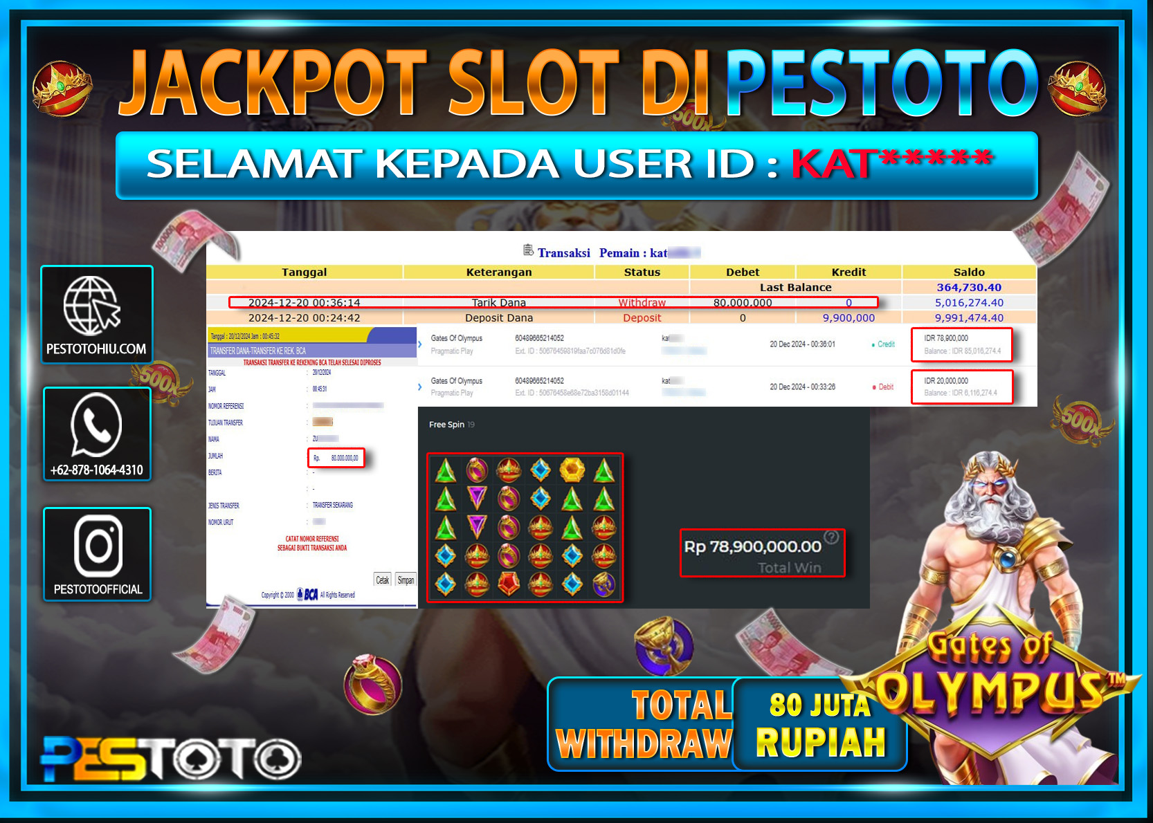 HANYA DI PESTOTO JP PASTI DI BAYAR LUNAS DAN CEPAT!!!!!! JP SLOT { GATES OF OLYMPUS } Rp. 80.000.000!!!!!