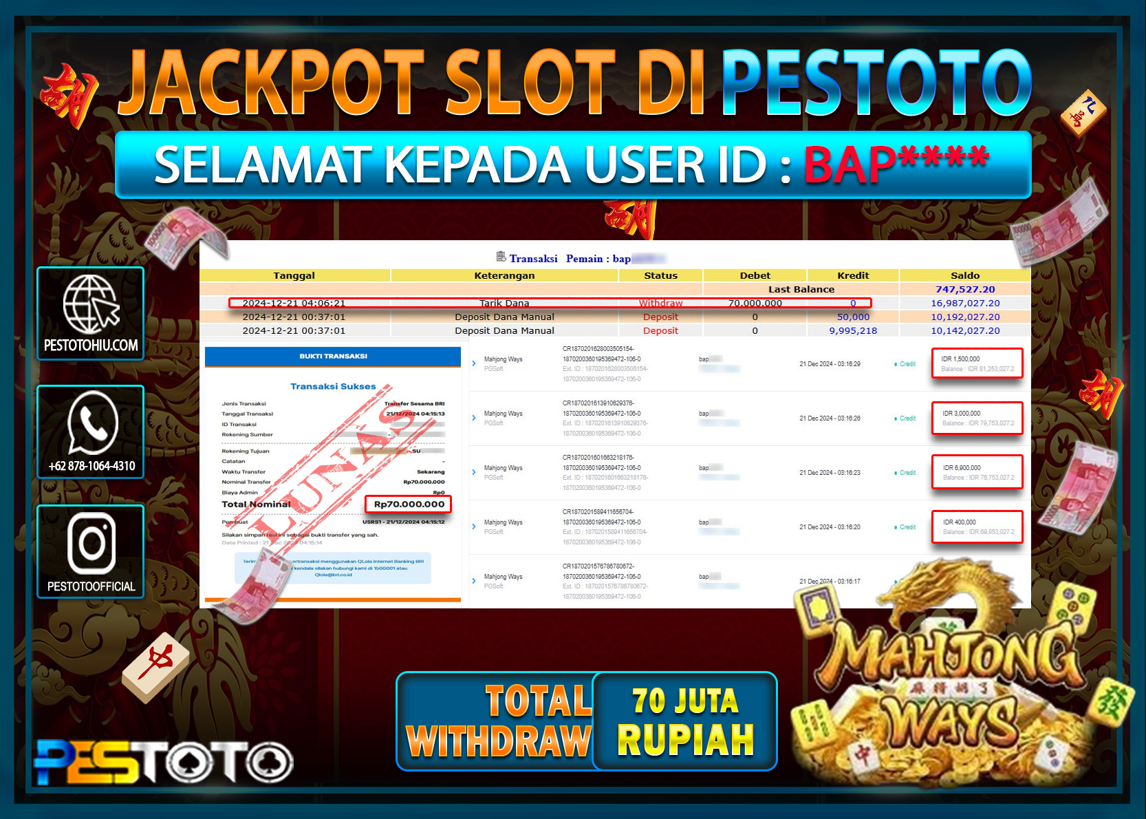 HANYA DI PESTOTO JP PASTI DI BAYAR LUNAS DAN CEPAT!!!!!! JP SLOT { MAHJONG WAYS } Rp. 70.000.000!!!!!