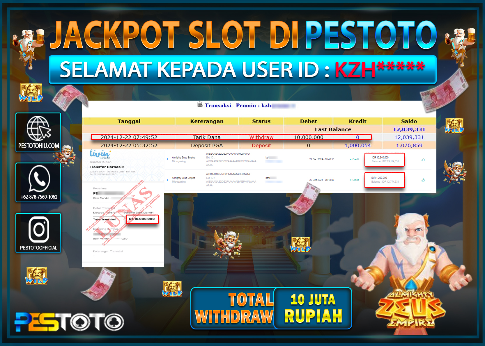 HANYA DI PESTOTO JP PASTI DI BAYAR LUNAS DAN CEPAT!!!!!! JP SLOT { ALMIGHTY ZEUS EMPIRE } Rp. 10.000.000!!!!!