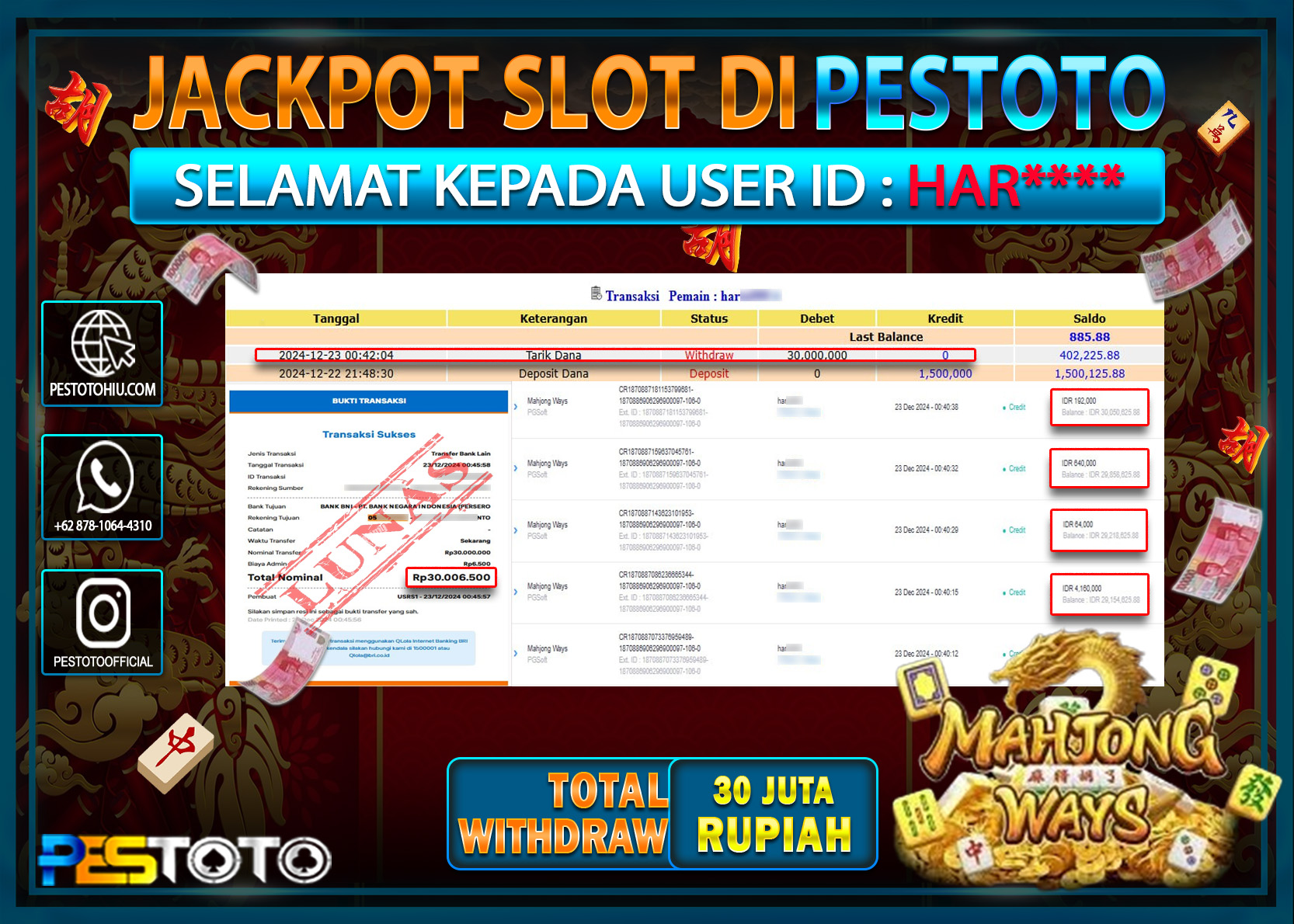 HANYA DI PESTOTO JP PASTI DI BAYAR LUNAS DAN CEPAT!!!!!! JP SLOT { MAHJONG WAYS } Rp. 30.000.000!!!!!