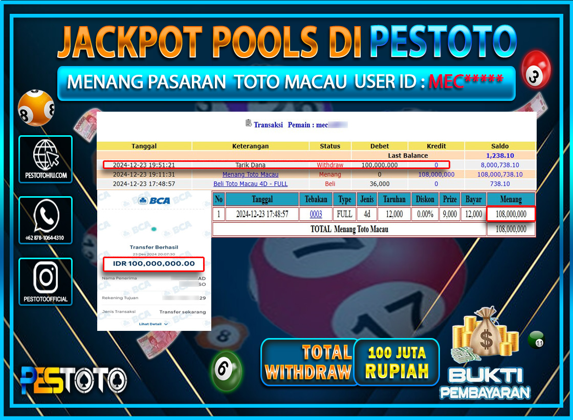 HANYA DI PESTOTO JP PASTI DI BAYAR LUNAS DAN CEPAT!!!!!! JP TOGEL { TOTO MACAU } Rp. 100.000.000!!!!!