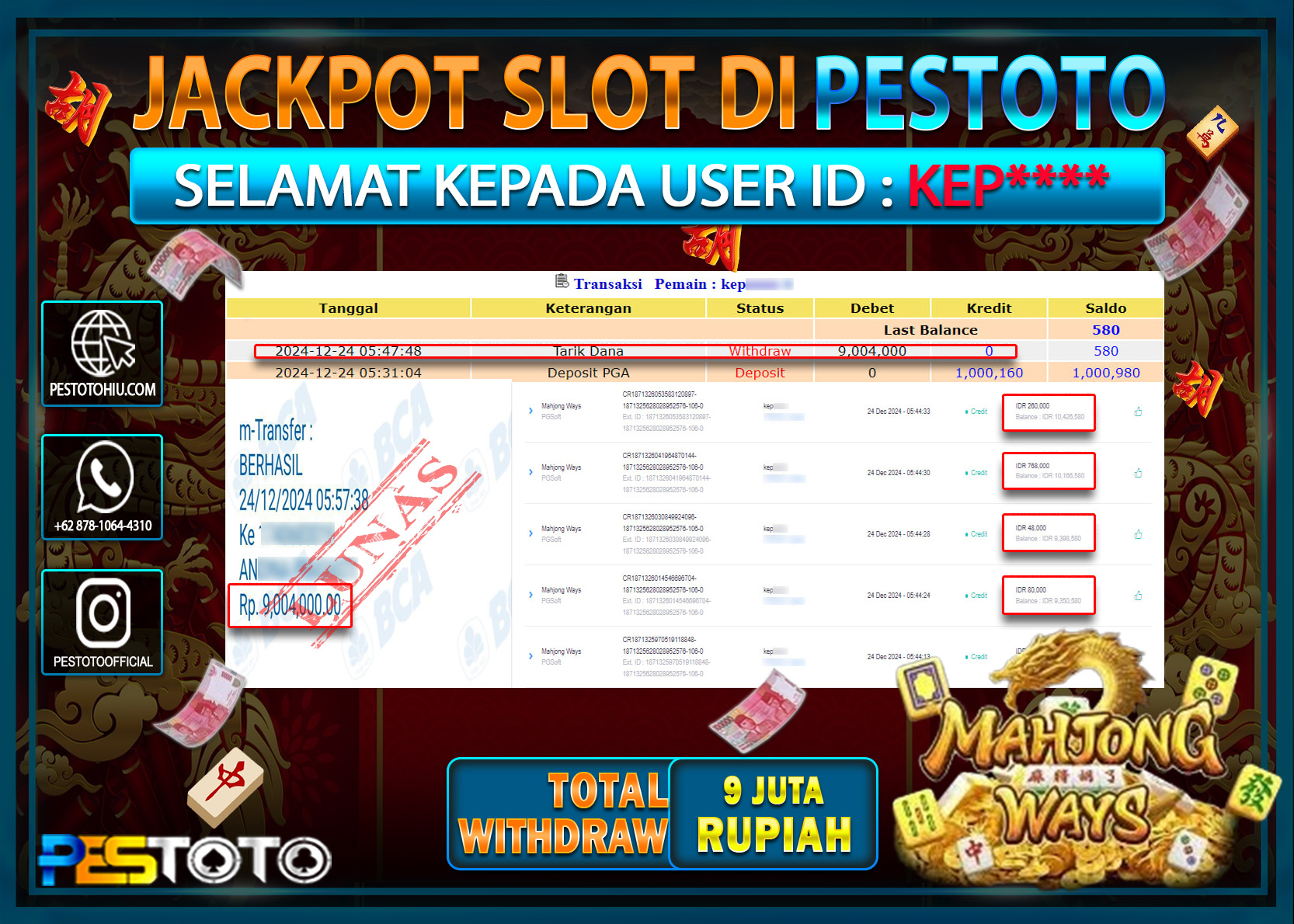 HANYA DI PESTOTO JP PASTI DI BAYAR LUNAS DAN CEPAT!!!!!! JP SLOT { MAHJONG WAYS } Rp. 9.000.000!!!!!