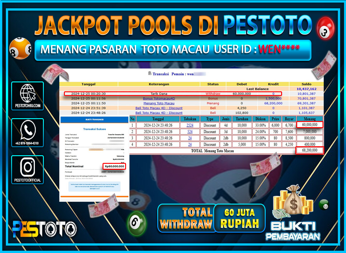 HANYA DI PESTOTO JP PASTI DI BAYAR LUNAS DAN CEPAT!!!!!! JP TOGEL { TOTO MACAU } Rp. 60.000.000!!!!!