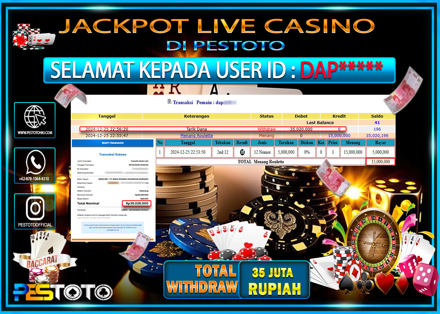 HANYA DI PESTOTO JP PASTI DI BAYAR LUNAS DAN CEPAT!!!!!! JP LIVE CASINO { ROULETTE } Rp. 35.000.000!!!!!