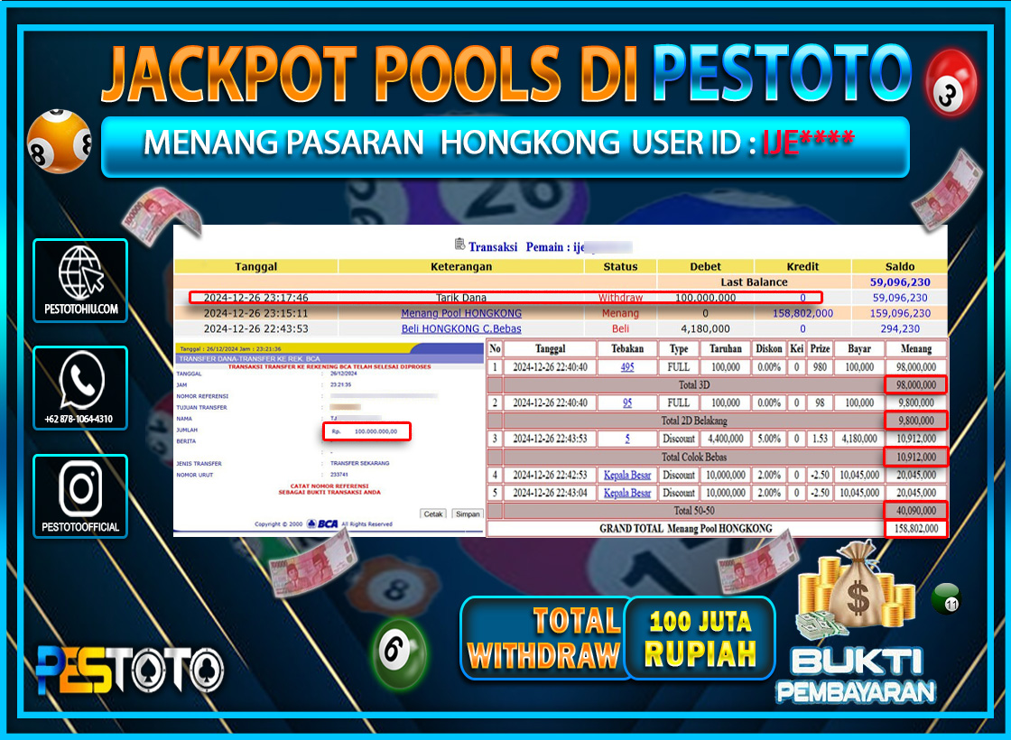 HANYA DI PESTOTO JP PASTI DI BAYAR LUNAS DAN CEPAT!!!!!! JP TOGEL { HONGKONG } Rp. 100.000.000!!!!!