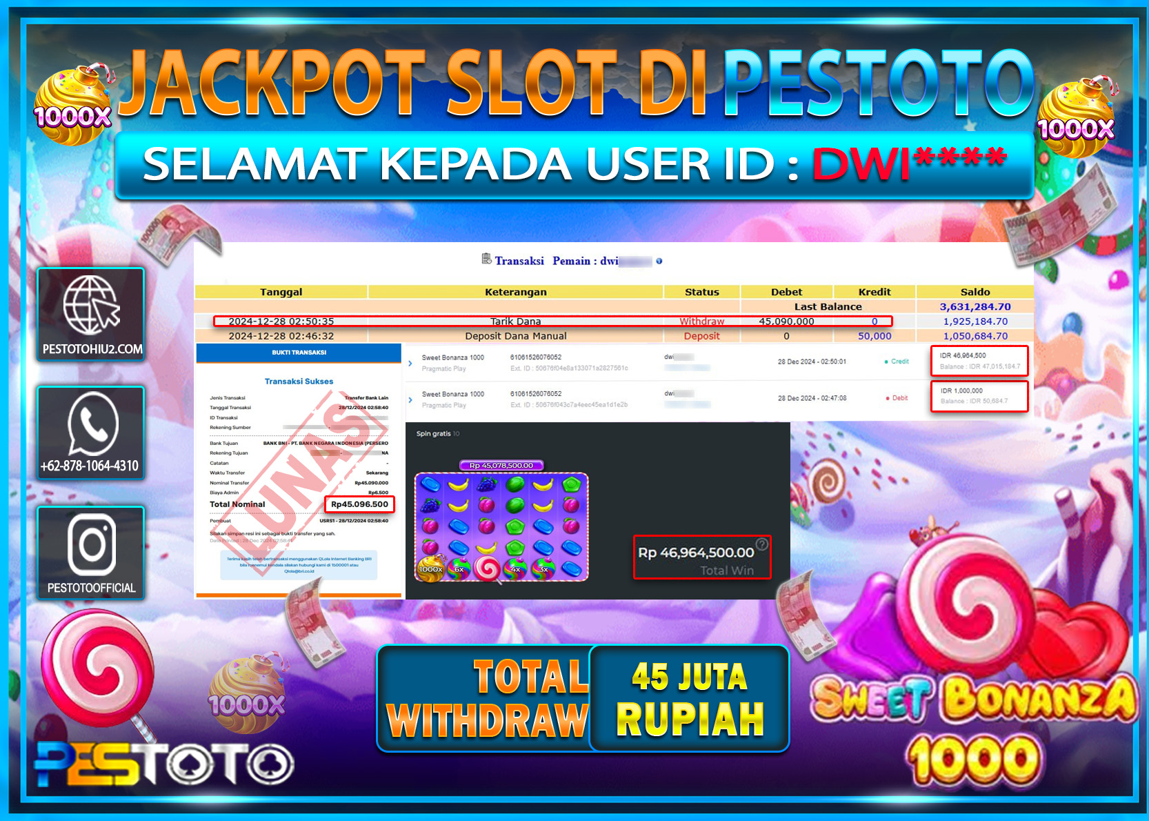 HANYA DI PESTOTO JP PASTI DI BAYAR LUNAS DAN CEPAT!!!!!! JP SLOT { SWEET BONANZA 1000 } Rp. 45.000.000!!!!!