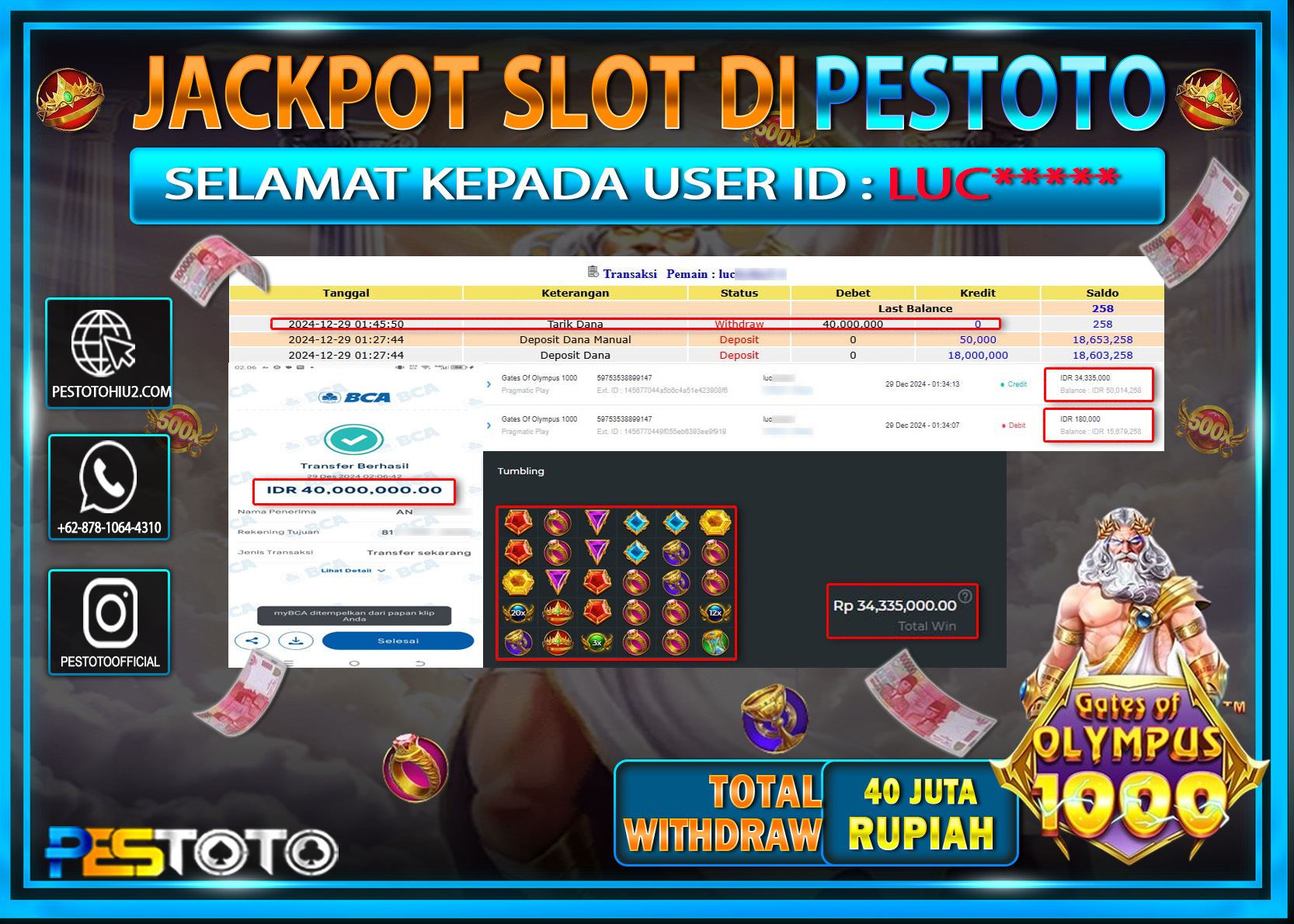 HANYA DI PESTOTO JP PASTI DI BAYAR LUNAS DAN CEPAT!!!!!! JP SLOT { GATES OF OLYMPUS 1000 } Rp. 40.000.000!!!!!