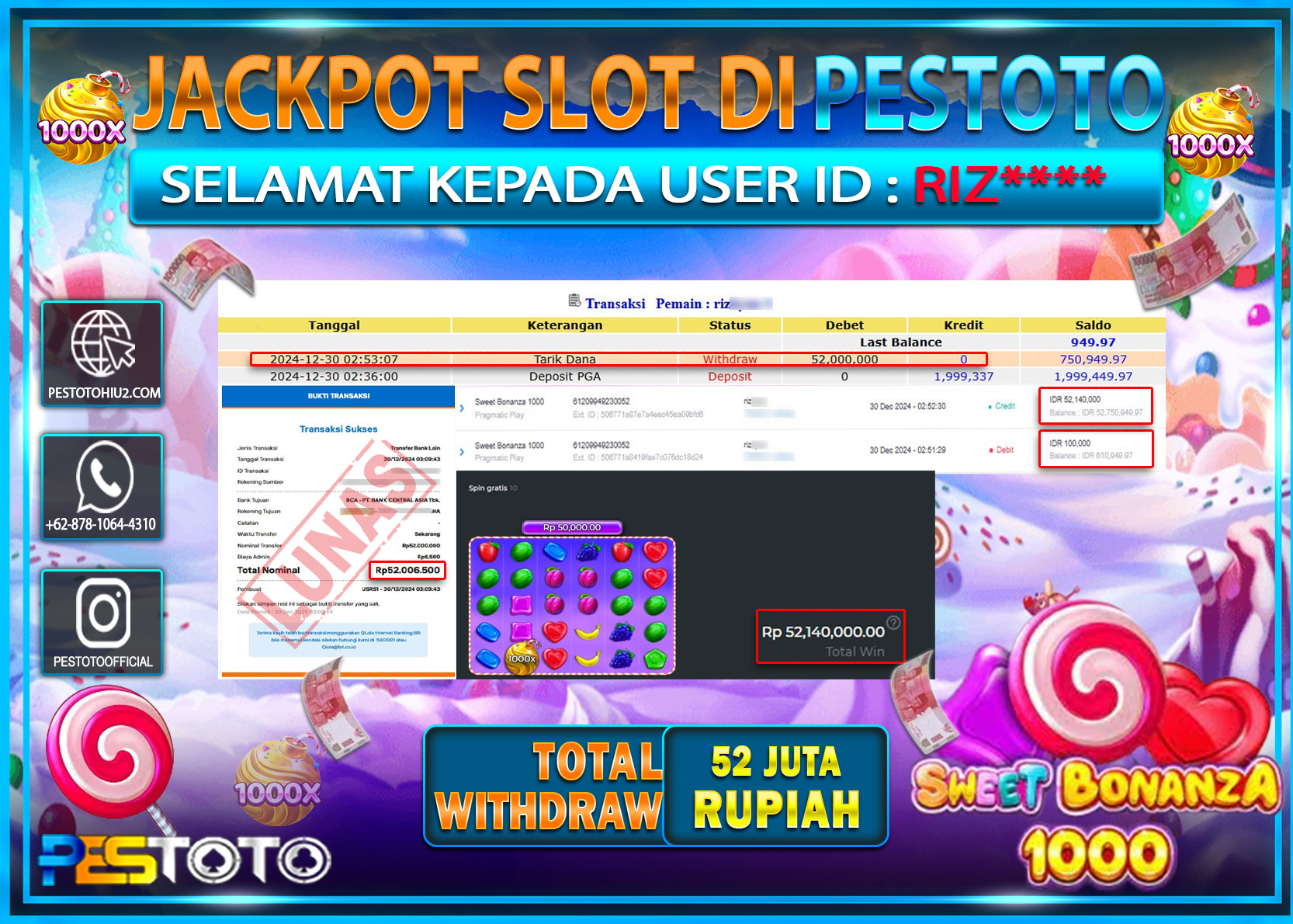 HANYA DI PESTOTO JP PASTI DI BAYAR LUNAS DAN CEPAT!!!!!! JP SLOT { SWEET BONANZA 1000 } Rp. 52.000.000!!!!!