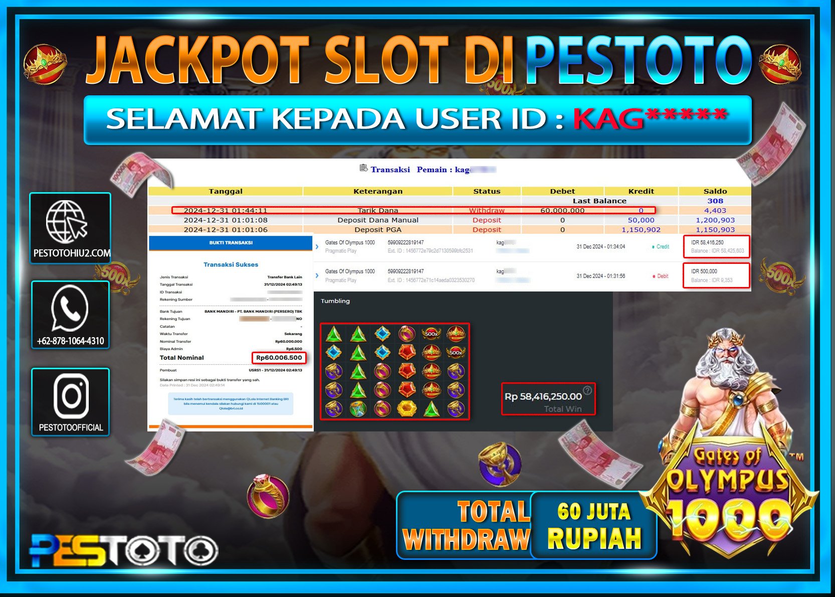 HANYA DI PESTOTO JP PASTI DI BAYAR LUNAS DAN CEPAT!!!!!! JP SLOT { GATES OF OLYMPUS 1000 } Rp. 60.000.000!!!!!