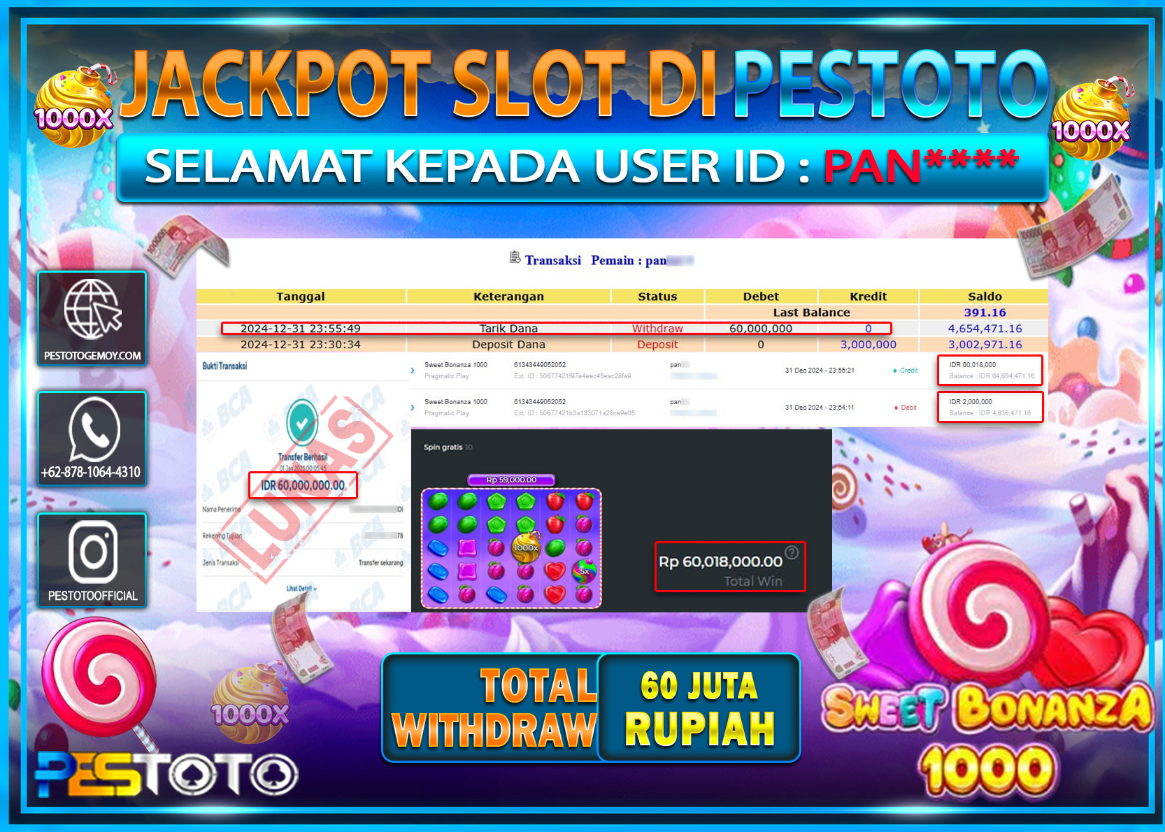 HANYA DI PESTOTO JP PASTI DI BAYAR LUNAS DAN CEPAT!!!!!! JP SLOT { SWEET BONANZA 1000 } Rp. 60.000.000!!!!!