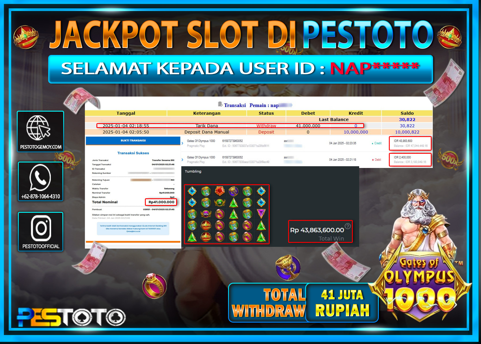 HANYA DI PESTOTO JP PASTI DI BAYAR LUNAS DAN CEPAT!!!!!! JP SLOT { GATES OF OLYMPUS 1000 } Rp. 41.000.000!!!!!
