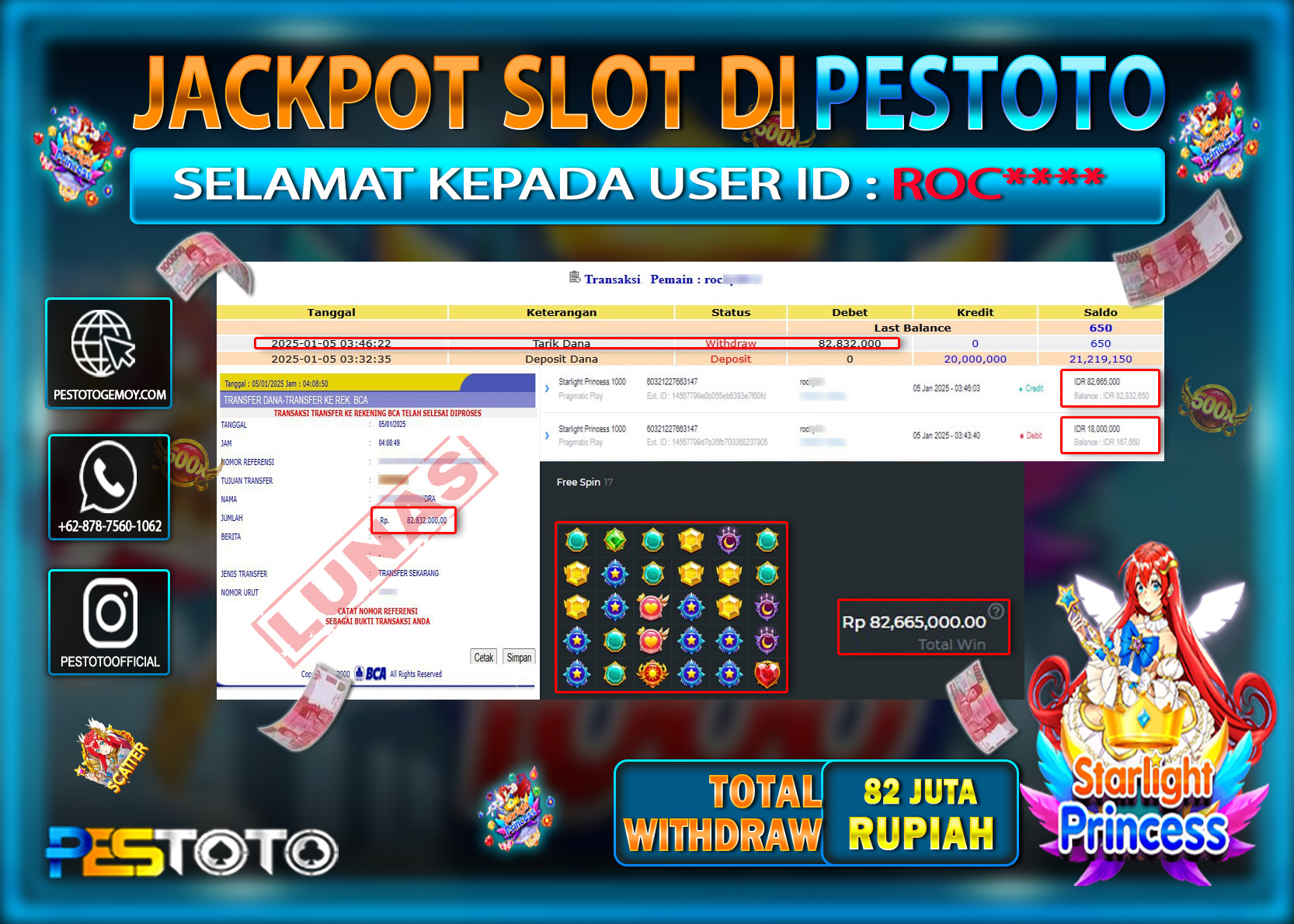 HANYA DI PESTOTO JP PASTI DI BAYAR LUNAS DAN CEPAT!!!!!! JP SLOT { STARLIGHT PRINCESS 1000 } Rp. 82.000.000!!!!!