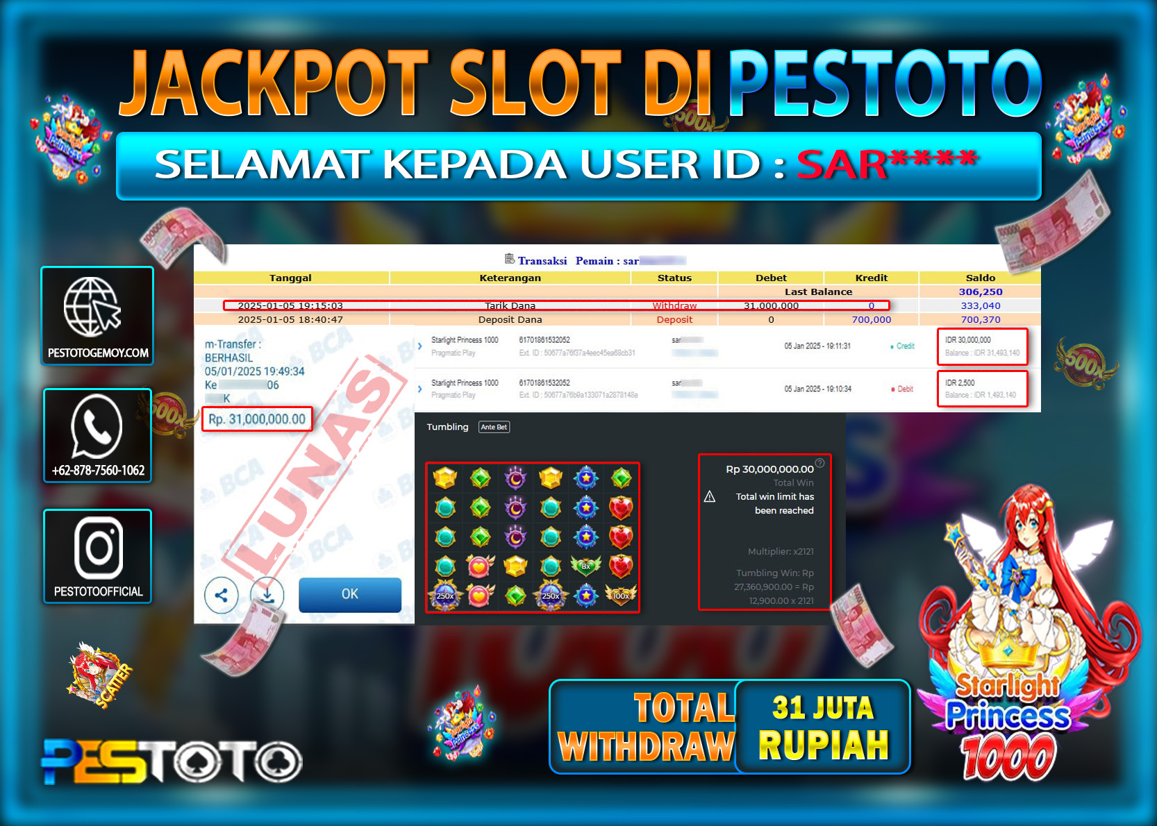 HANYA DI PESTOTO JP PASTI DI BAYAR LUNAS DAN CEPAT!!!!!! JP SLOT { STARLIGHT PRINCESS 1000 } Rp. 31.000.000!!!!!