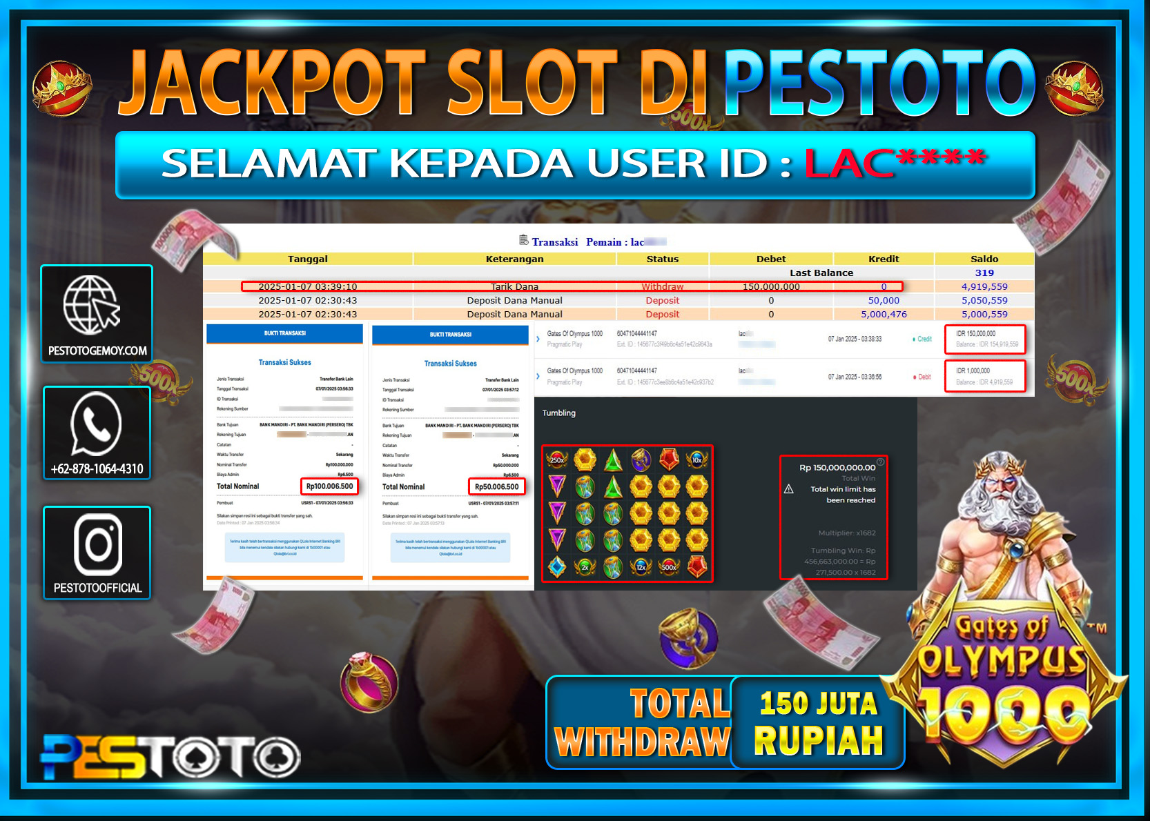 HANYA DI PESTOTO JP PASTI DI BAYAR LUNAS DAN CEPAT!!!!!! JP SLOT { GATES OF OLYMPUS 1000 } Rp. 150.000.000!!!!!