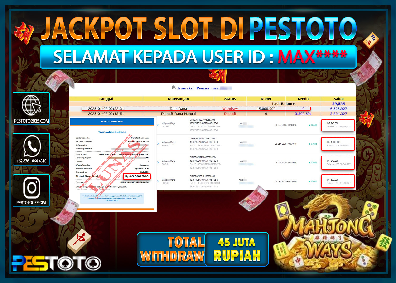 HANYA DI PESTOTO JP PASTI DI BAYAR LUNAS DAN CEPAT!!!!!! JP SLOT { MAHJONG WAYS } Rp. 45.000.000!!!!!
