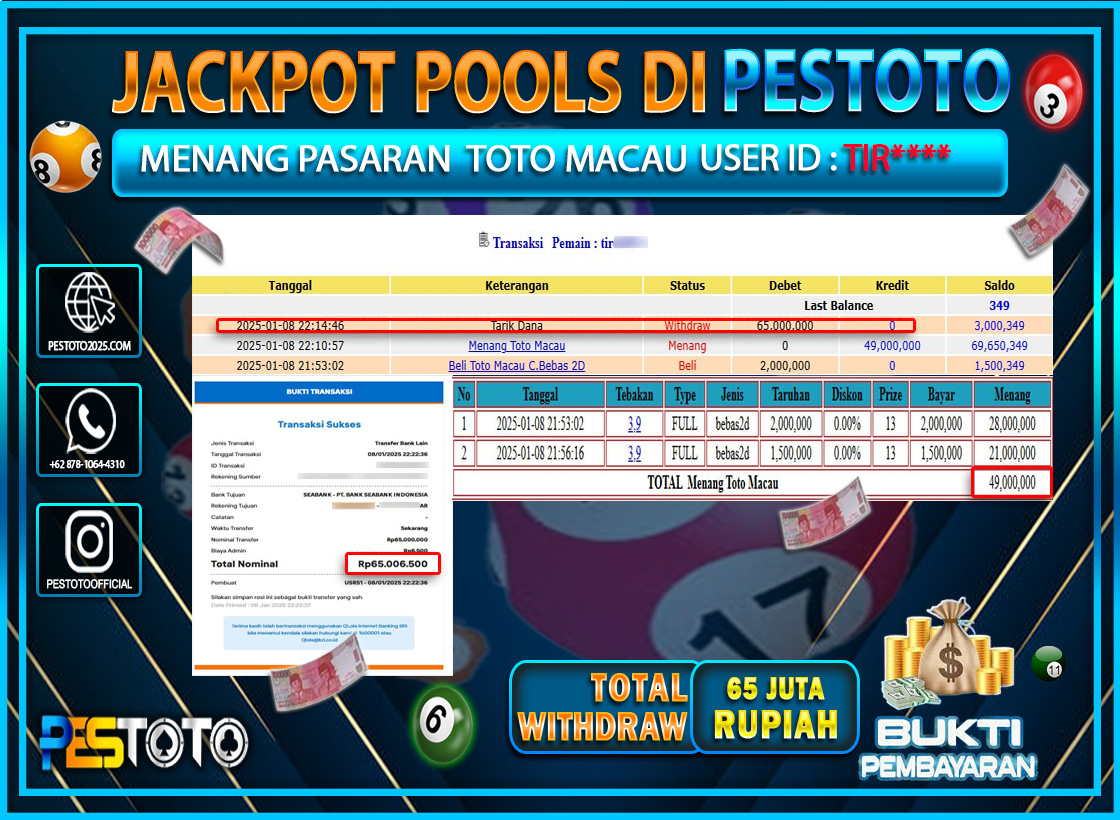HANYA DI PESTOTO JP PASTI DI BAYAR LUNAS DAN CEPAT!!!!!! JP TOGEL { TOTO MACAU } Rp. 65.000.000!!!!!