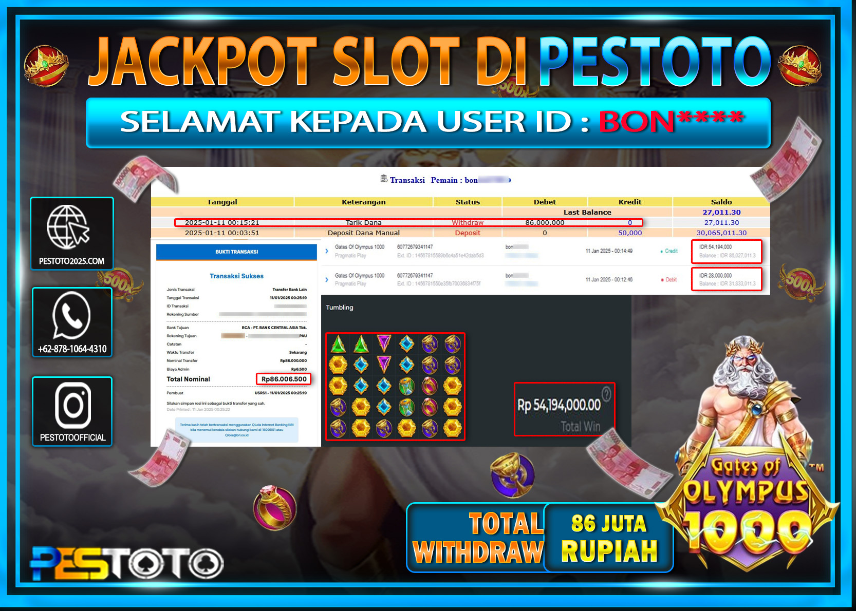 HANYA DI PESTOTO JP PASTI DI BAYAR LUNAS DAN CEPAT!!!!!! JP SLOT  { GATES OF OLYMPUS 1000 } Rp. 86.000.000!!!!!