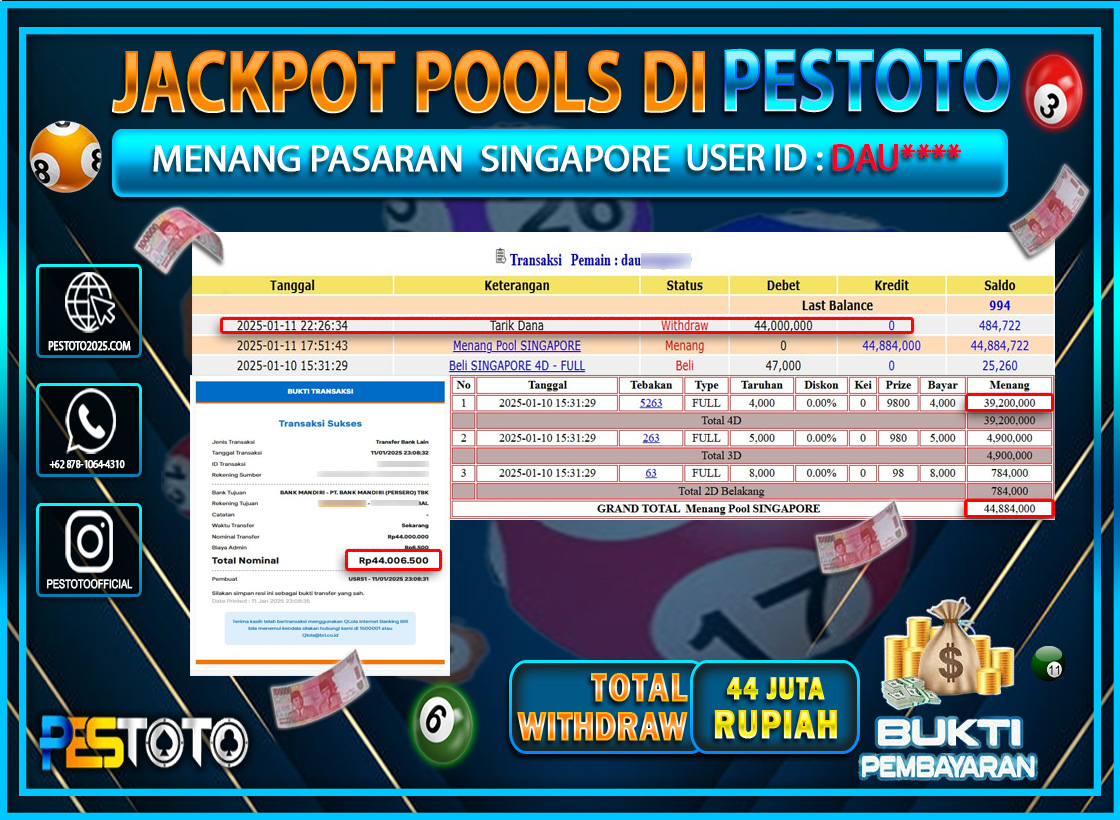 HANYA DI PESTOTO JP PASTI DI BAYAR LUNAS DAN CEPAT!!!!!! JP TOGEL { SINGAPORE } Rp. 44.000.000!!!!!
