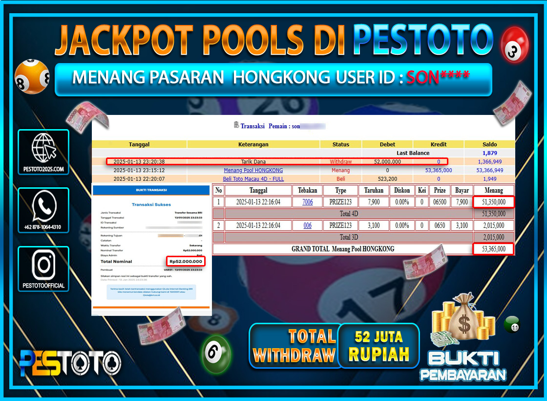HANYA DI PESTOTO JP PASTI DI BAYAR LUNAS DAN CEPAT!!!!!! JP TOGEL { HONGKONG } Rp. 52.000.000!!!!!