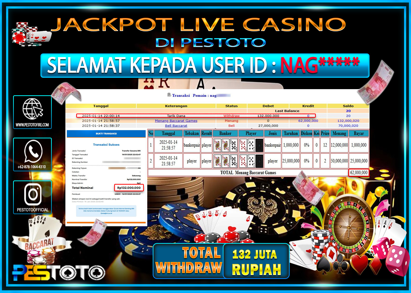HANYA DI PESTOTO JP PASTI DI BAYAR LUNAS DAN CEPAT!!!!!! JP LIVE CASINO { BACCARAT } Rp. 132.000.000!!!!!