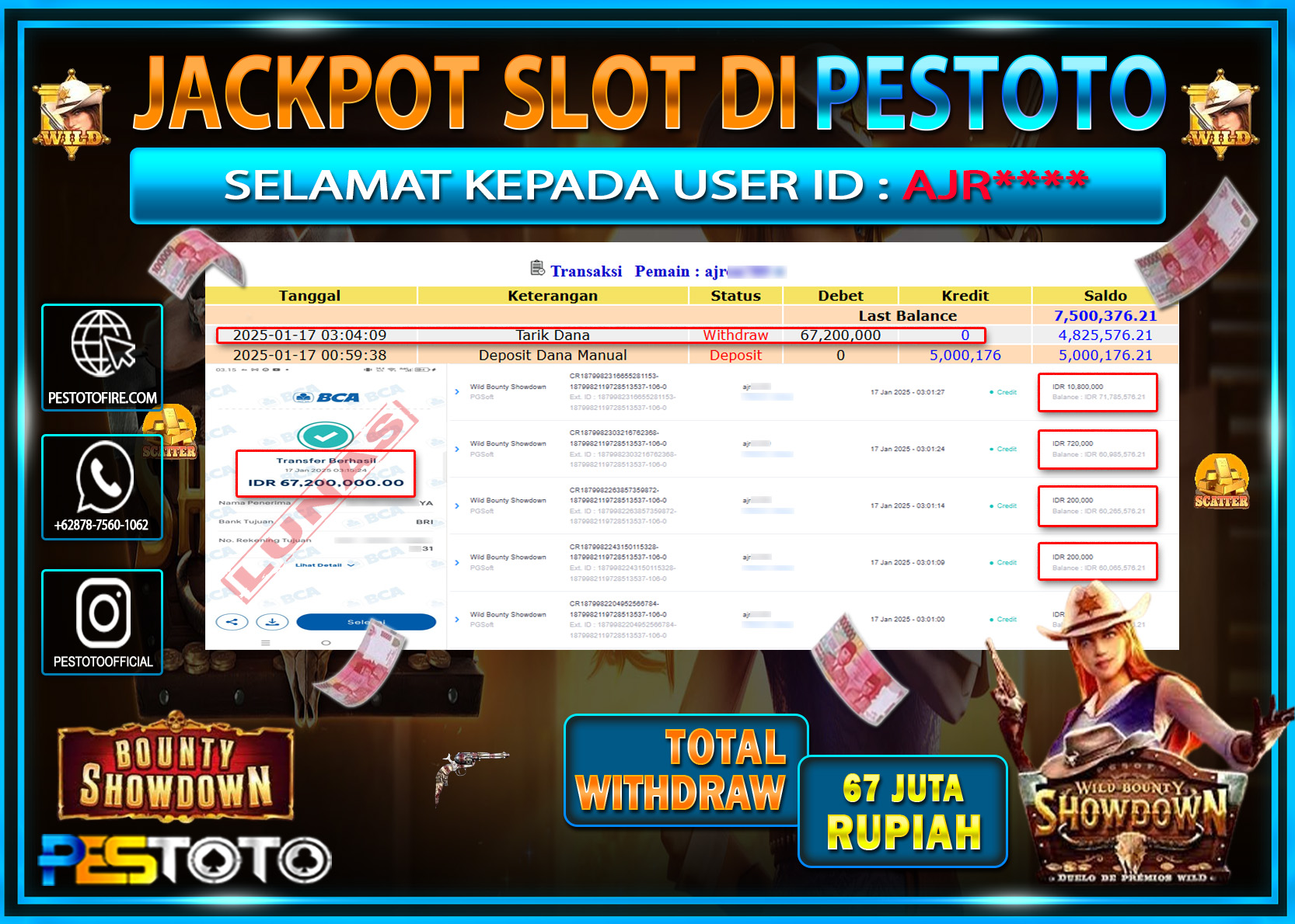 HANYA DI PESTOTO JP PASTI DI BAYAR LUNAS DAN CEPAT!!!!!! JP SLOT  { WILD BOUNTY SHOWDOWN } Rp. 67.000.000!!!!!