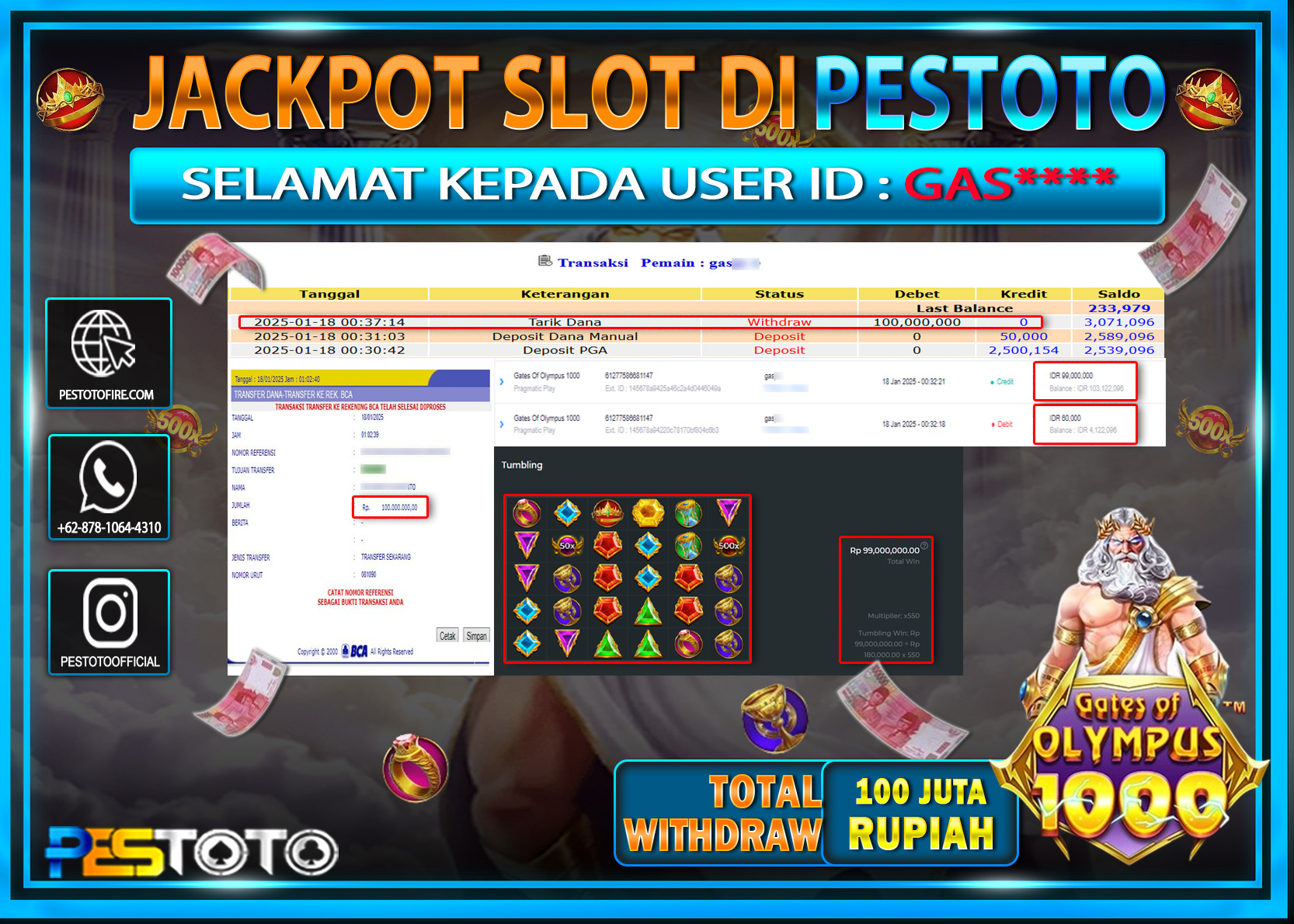 HANYA DI PESTOTO JP PASTI DI BAYAR LUNAS DAN CEPAT!!!!!! JP SLOT  { GATES OF OLYMPUS 1000 } Rp. 100.000.000!!!!!