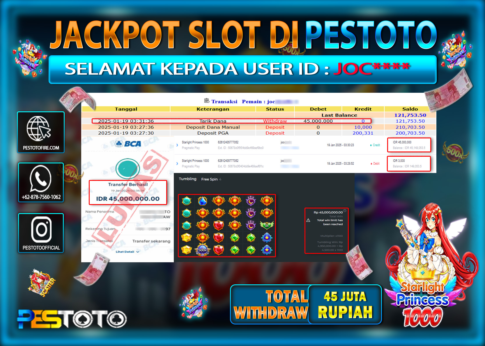 HANYA DI PESTOTO JP PASTI DI BAYAR LUNAS DAN CEPAT!!!!!! JP SLOT  { STARLIGHT PRINCESS 1000 } Rp. 45.000.000!!!!!