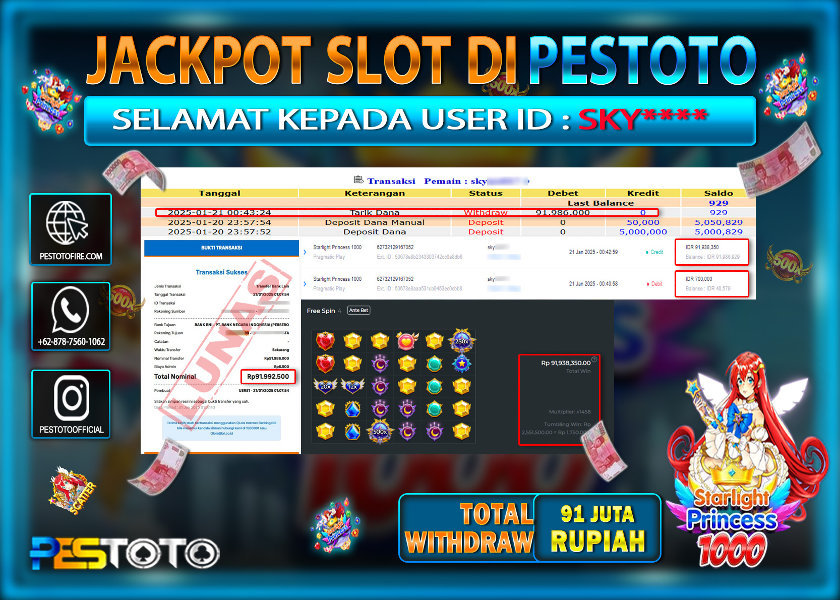 HANYA DI PESTOTO JP PASTI DI BAYAR LUNAS DAN CEPAT!!!!!! JP SLOT  { STARLIGHT PRINCESS 1000 } Rp. 91.000.000!!!!!