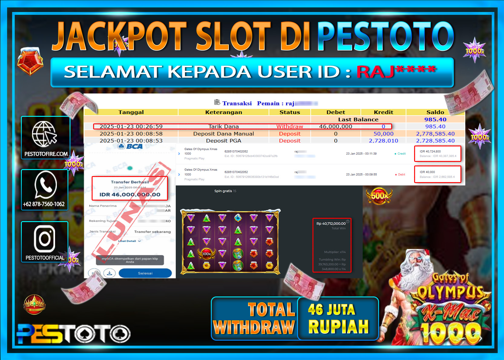 HANYA DI PESTOTO JP PASTI DI BAYAR LUNAS DAN CEPAT!!!!!! JP SLOT  { GATES OF OLYMPUS XMAS 1000 } Rp. 46.000.000!!!!!