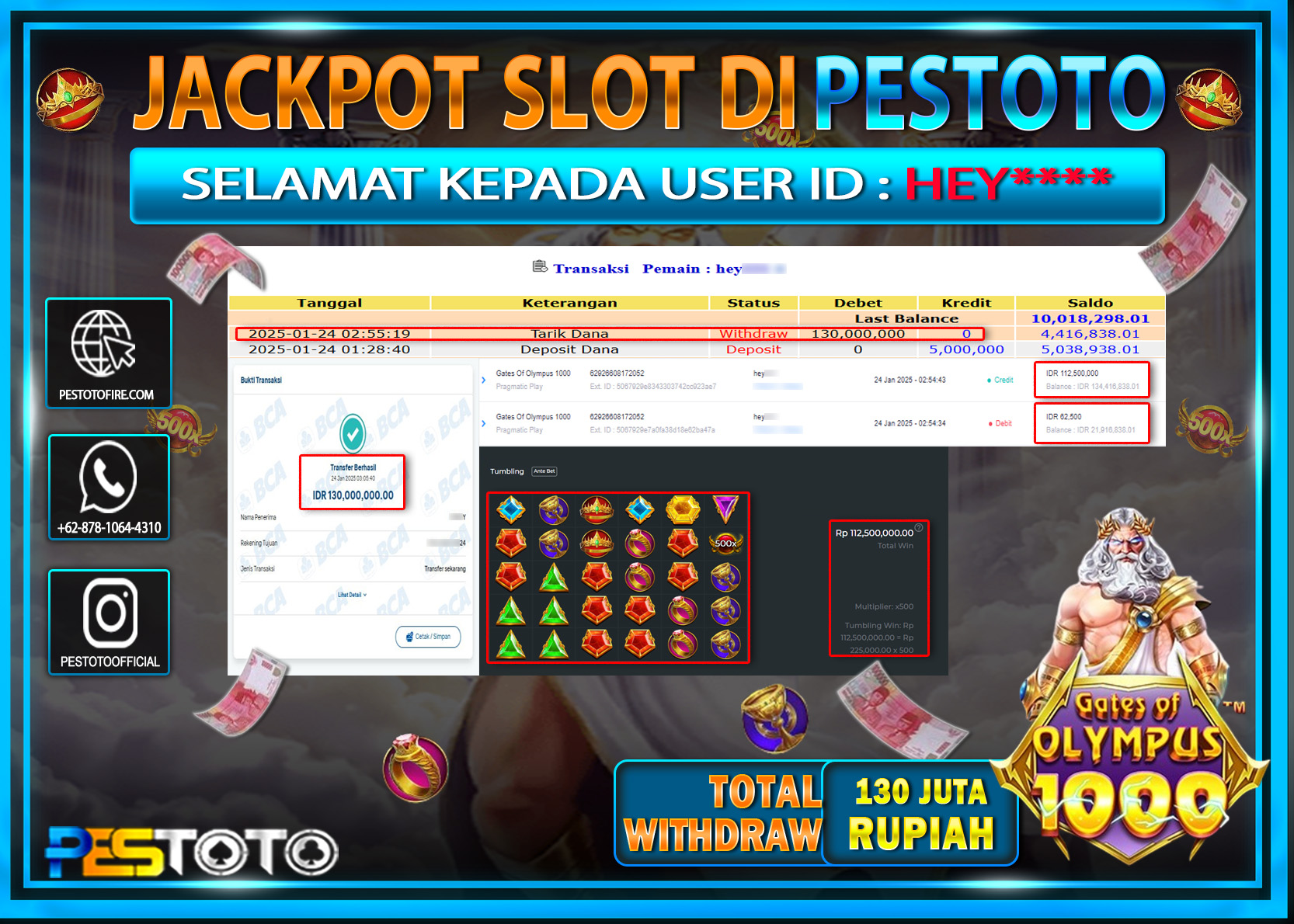 HANYA DI PESTOTO JP PASTI DI BAYAR LUNAS DAN CEPAT!!!!!! JP SLOT  { GATES OF OLYMPUS 1000 } Rp. 130.000.000!!!!!