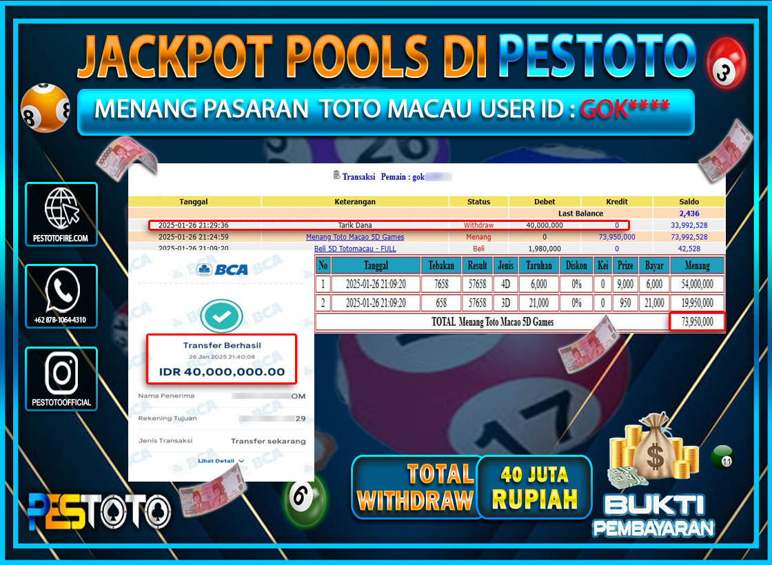 HANYA DI PESTOTO JP PASTI DI BAYAR LUNAS DAN CEPAT!!!!!! JP TOGEL { TOTO MACAU } Rp. 40.000.000!!!!!