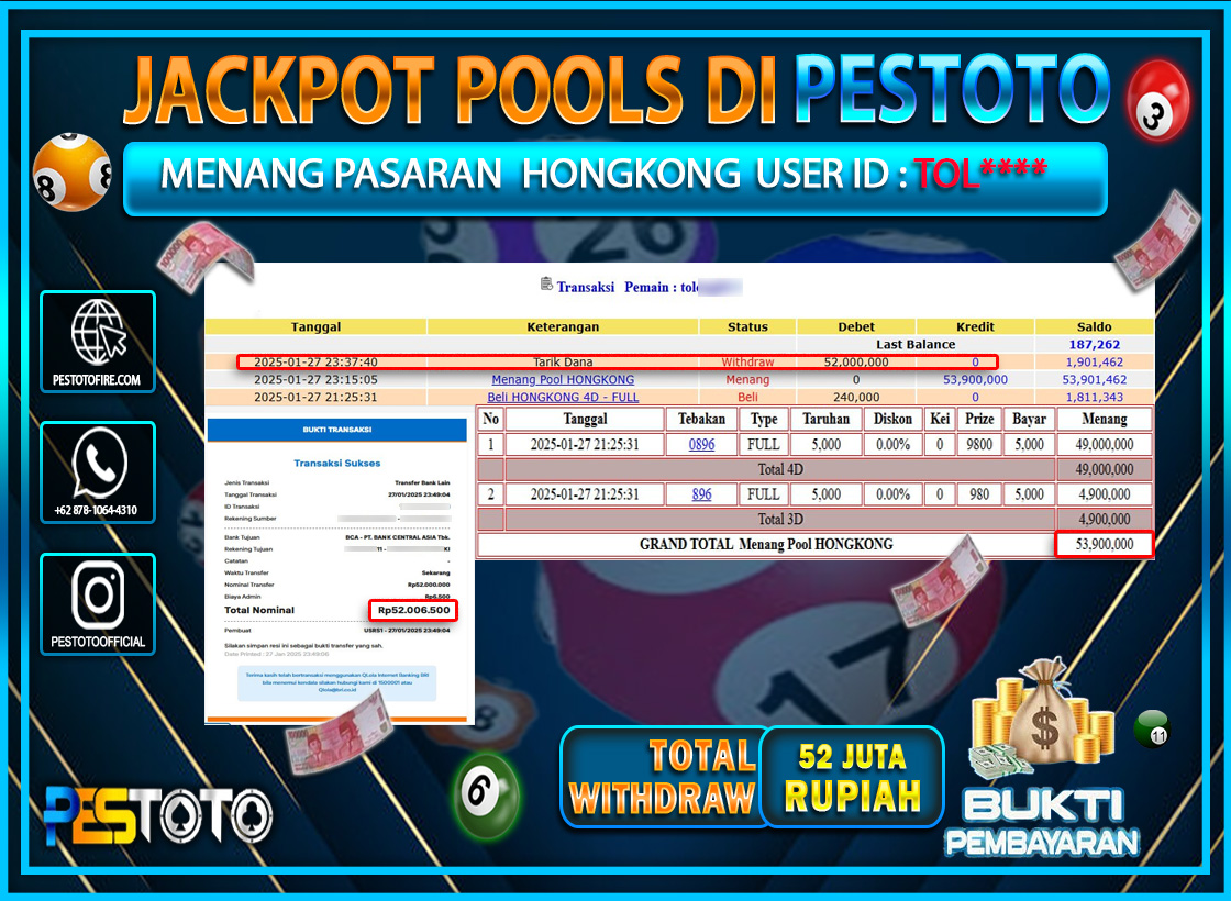 HANYA DI PESTOTO JP PASTI DI BAYAR LUNAS DAN CEPAT!!!!!! JP TOGEL { HONGKONG } Rp. 52.000.000!!!!!