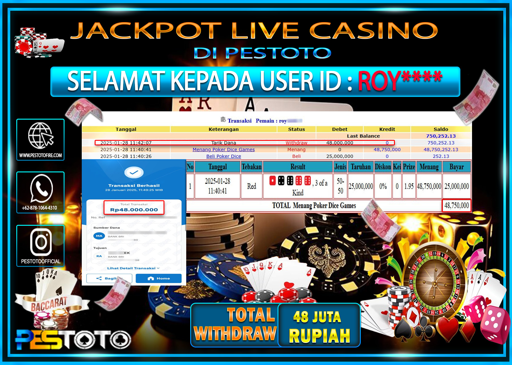 HANYA DI PESTOTO JP PASTI DI BAYAR LUNAS DAN CEPAT!!!!!! JP LIVE CASINO { POKER DICE GAMES } Rp. 48.000.000!!!!!