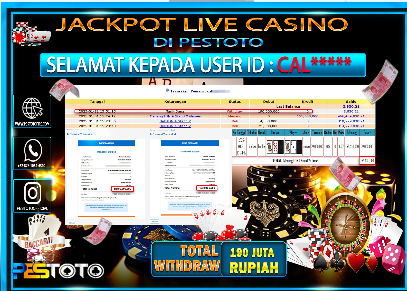 HANYA DI PESTOTO JP PASTI DI BAYAR LUNAS DAN CEPAT!!!!!! JP LIVE CASINO { BACCARAT } Rp. 190.000.000!!!!!