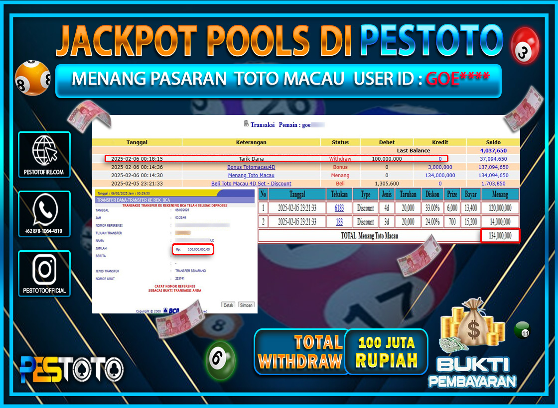HANYA DI PESTOTO JP PASTI DI BAYAR LUNAS DAN CEPAT!!!!!! JP TOGEL { TOTO MACAU } Rp. 100.000.000!!!!!