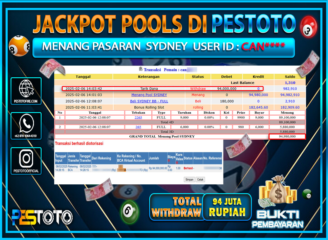 HANYA DI PESTOTO JP PASTI DI BAYAR LUNAS DAN CEPAT!!!!!! JP TOGEL { SYDNEY } Rp. 94.000.000!!!!!