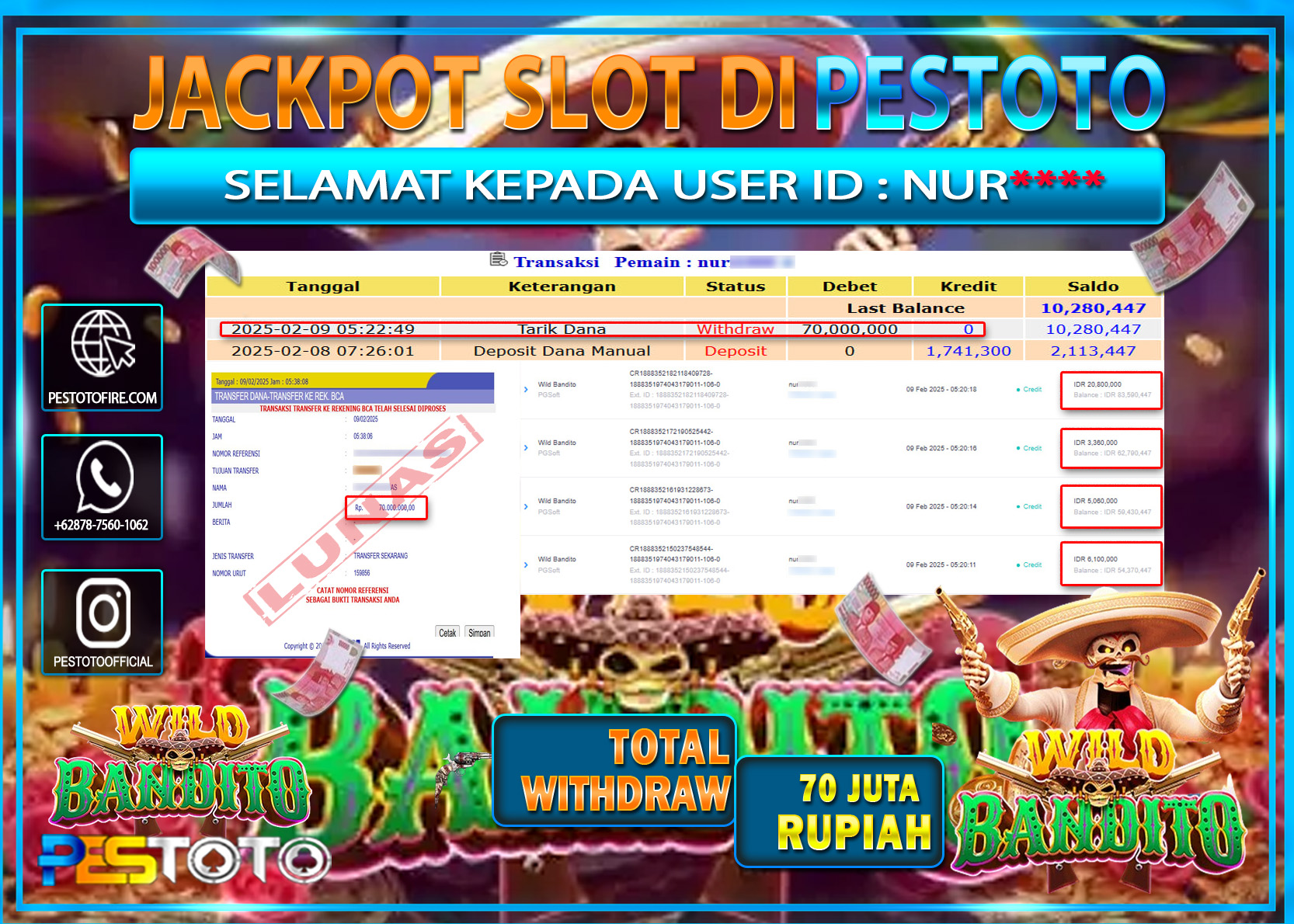 HANYA DI PESTOTO JP PASTI DI BAYAR LUNAS DAN CEPAT!!!!!! JP SLOT { WILD BANDITO } Rp. 70.000.000!!!!!