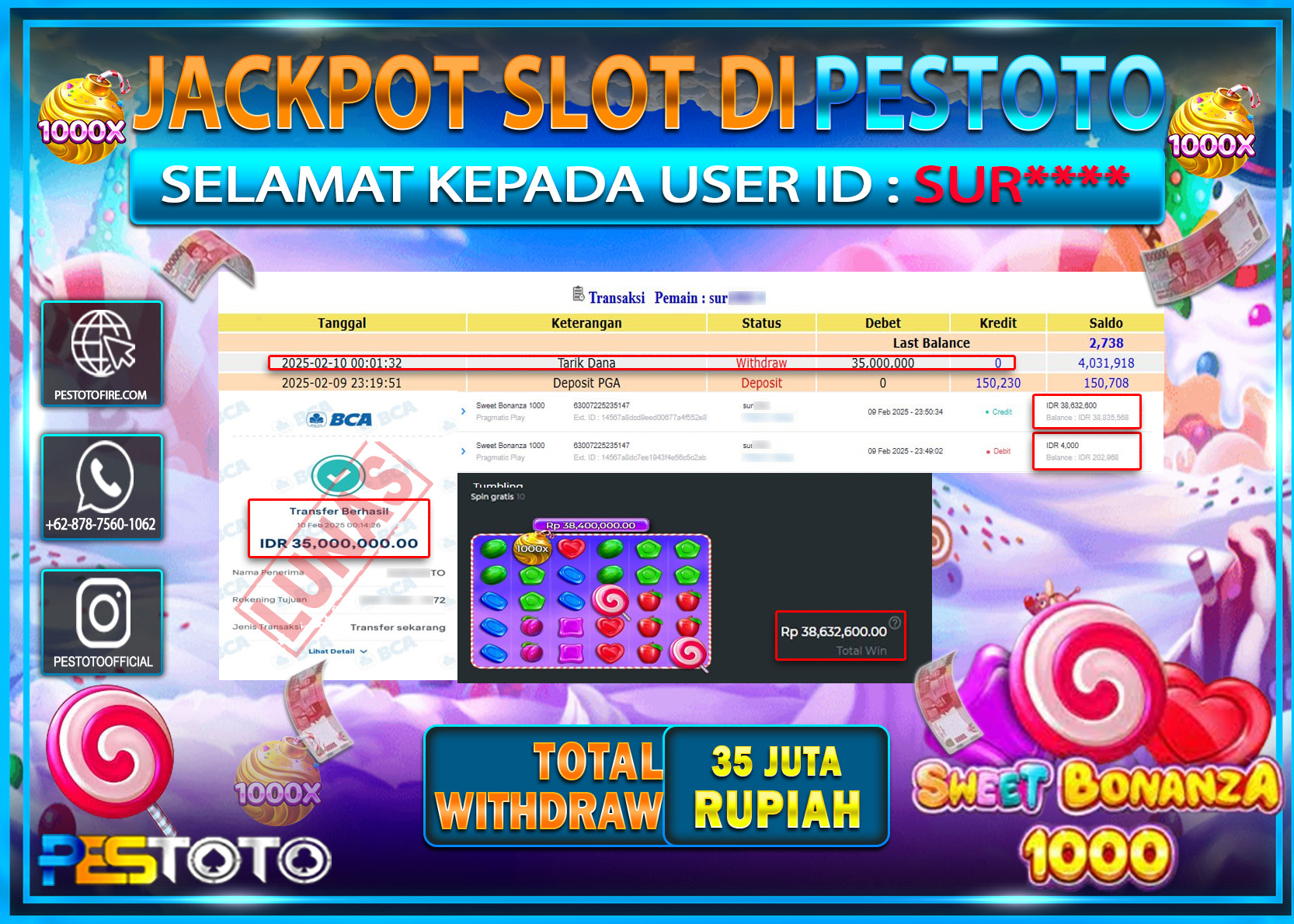 HANYA DI PESTOTO JP PASTI DI BAYAR LUNAS DAN CEPAT!!!!!! JP SLOT { SWEEET BONANZA 1000 } Rp. 35.000.000!!!!!