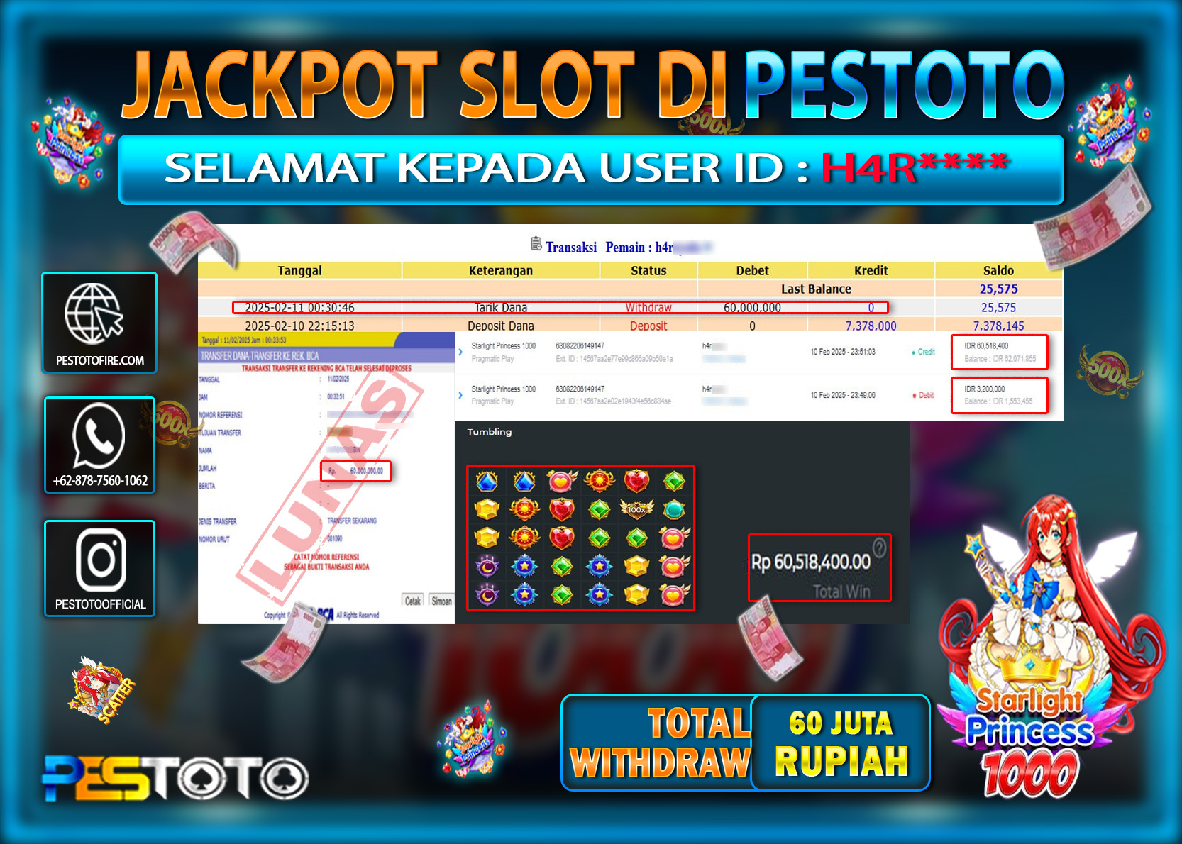 HANYA DI PESTOTO JP PASTI DI BAYAR LUNAS DAN CEPAT!!!!!! JP SLOT { STARLIGHT PRINCESS 1000 } Rp. 60.000.000!!!!!