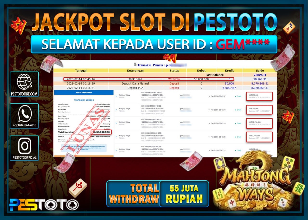 HANYA DI PESTOTO JP PASTI DI BAYAR LUNAS DAN CEPAT!!!!!! JP SLOT { MAHJONG WAYS } Rp. 55.000.000!!!!!