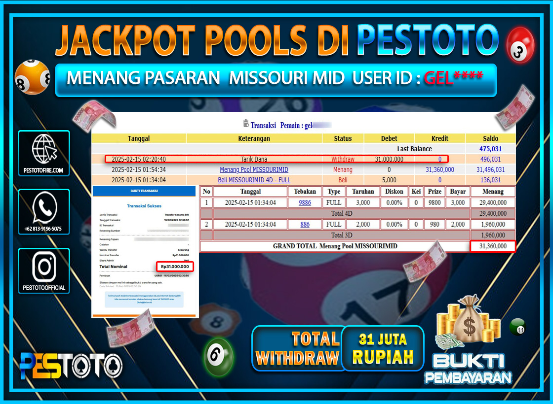 HANYA DI PESTOTO JP PASTI DI BAYAR LUNAS DAN CEPAT!!!!!! JP TOGEL { MISSOURI MID } Rp. 31.000.000!!!!!