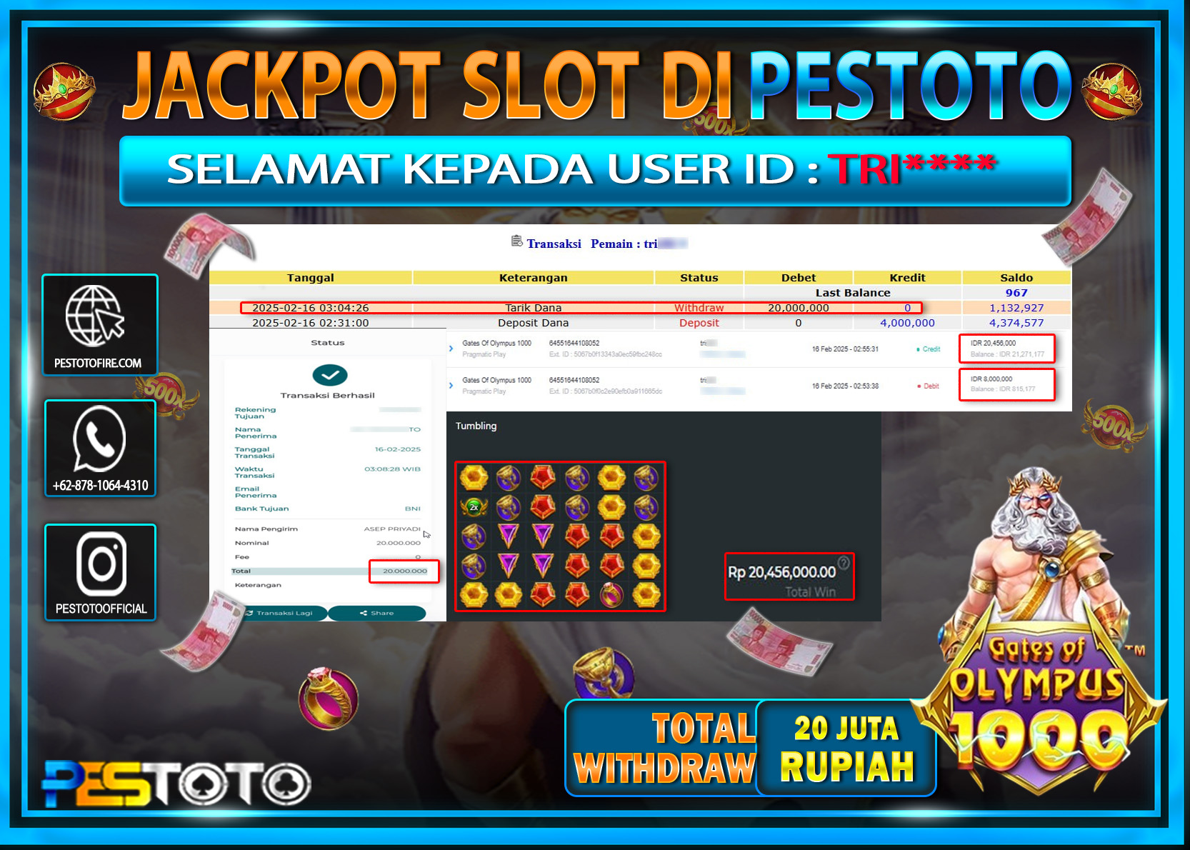 HANYA DI PESTOTO JP PASTI DI BAYAR LUNAS DAN CEPAT!!!!!! JP SLOT { GATES OF OLYMPUS 1000 } Rp. 20.000.000!!!!!