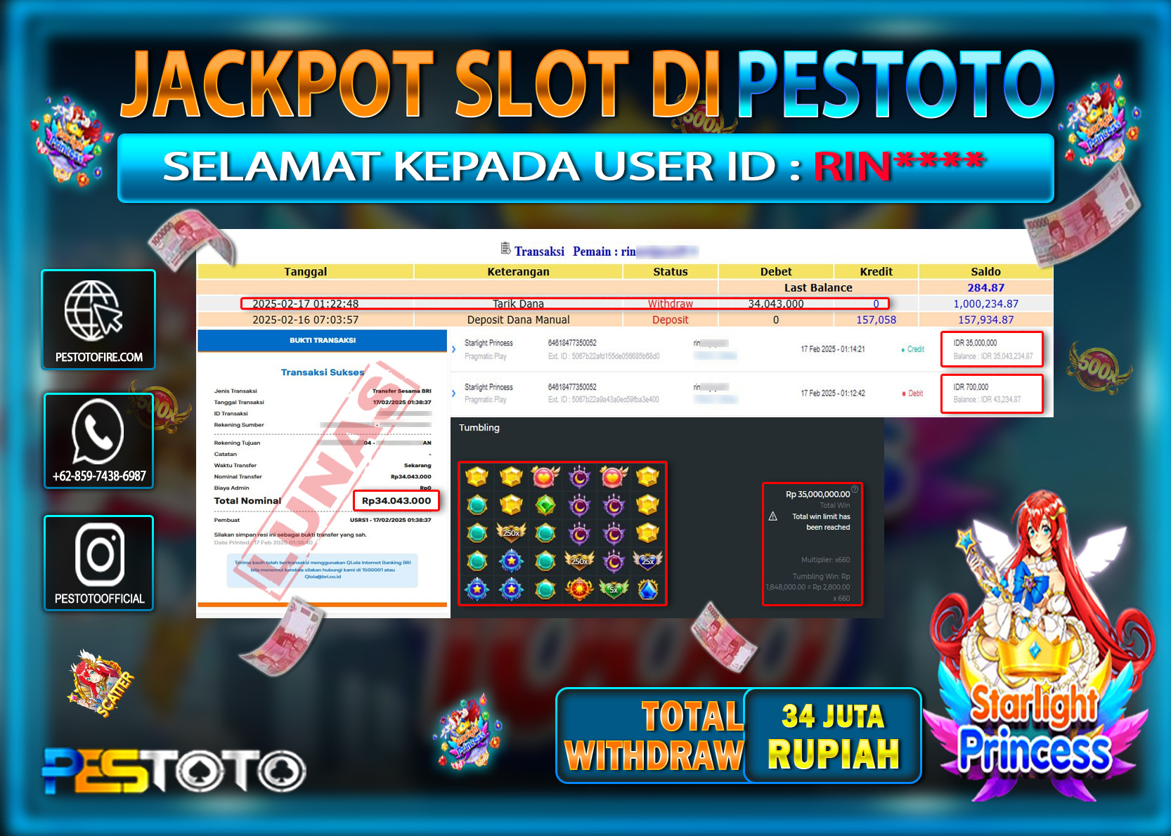 HANYA DI PESTOTO JP PASTI DI BAYAR LUNAS DAN CEPAT!!!!!! JP SLOT { STARLIGHT PRINCESS } Rp. 34.000.000!!!!!