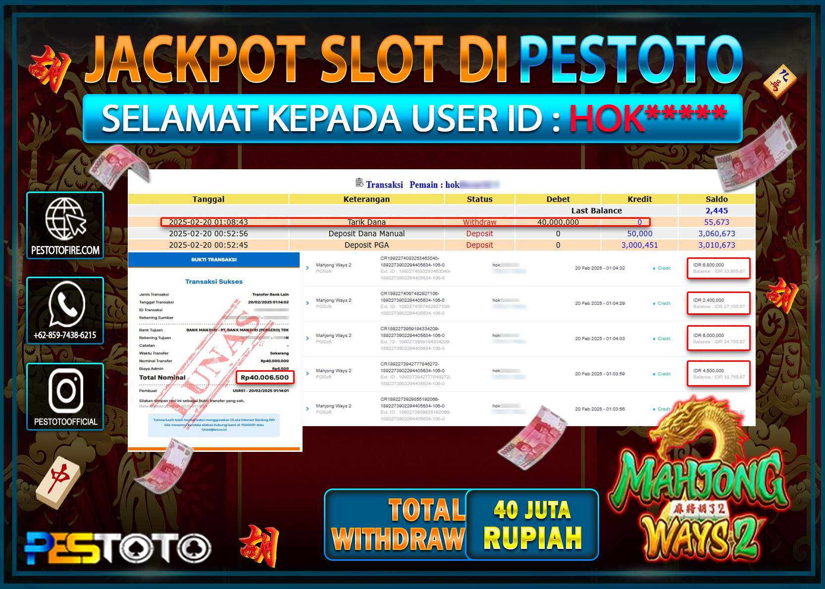 HANYA DI PESTOTO JP PASTI DI BAYAR LUNAS DAN CEPAT!!!!!! JP SLOT { MAHJONG WAYS 2 } Rp. 40.000.000!!!!!