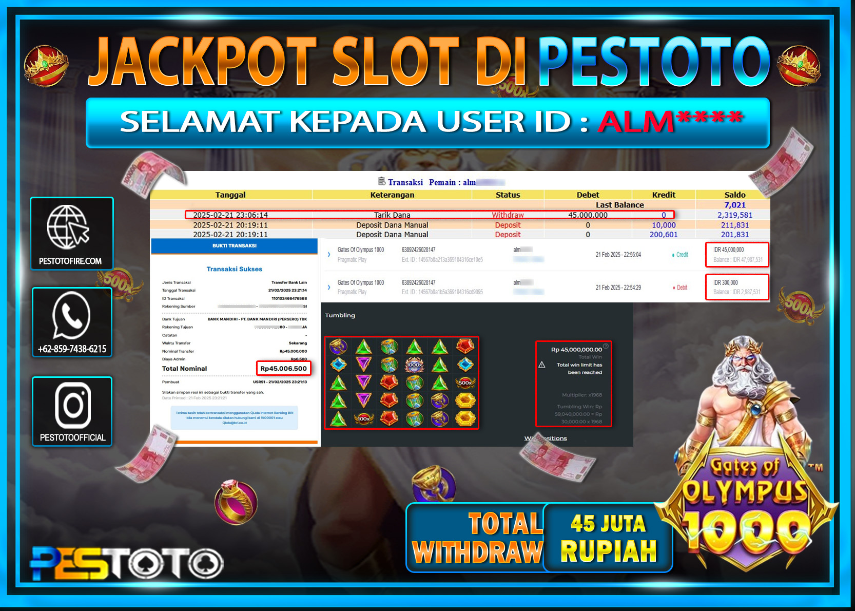 HANYA DI PESTOTO JP PASTI DI BAYAR LUNAS DAN CEPAT!!!!!! JP SLOT { GATES OF OLYMPUS 1000 } Rp. 45.000.000!!!!!