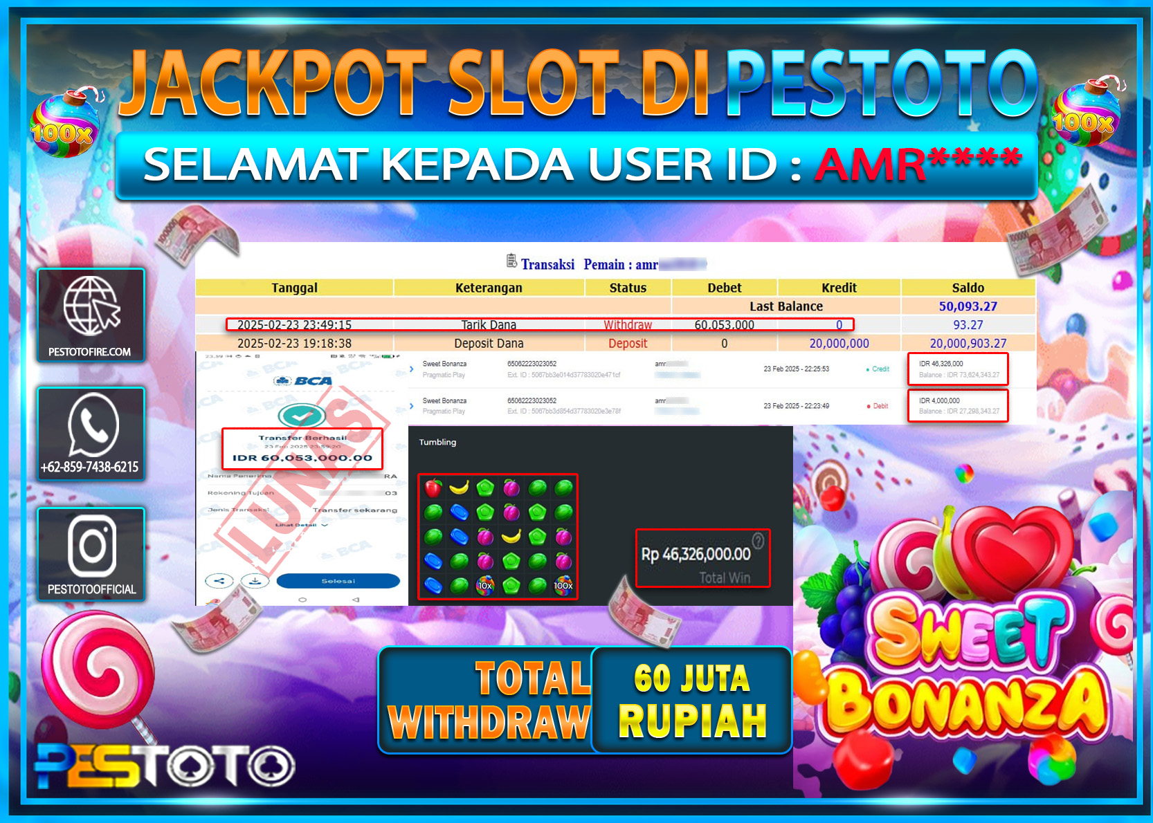 HANYA DI PESTOTO JP PASTI DI BAYAR LUNAS DAN CEPAT!!!!!! JP SLOT { SWEET BONANZA } Rp. 60.000.000!!!!!