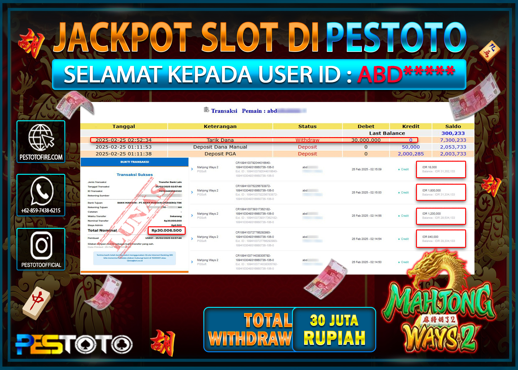 HANYA DI PESTOTO JP PASTI DI BAYAR LUNAS DAN CEPAT!!!!!! JP SLOT { MAHJONG WAYS 2 } Rp. 30.000.000!!!!!